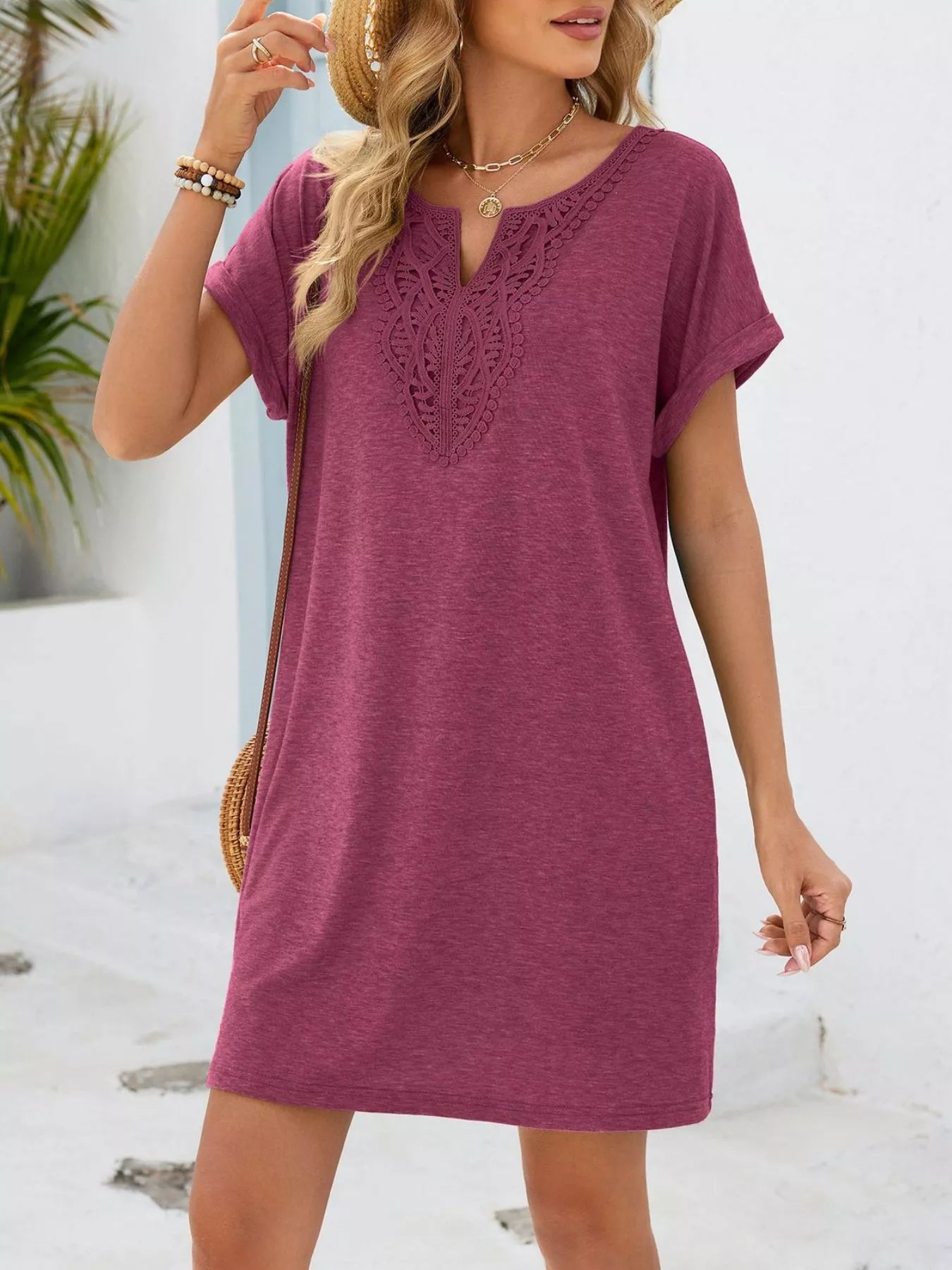Lace Trim Notched Short Sleeve Dress