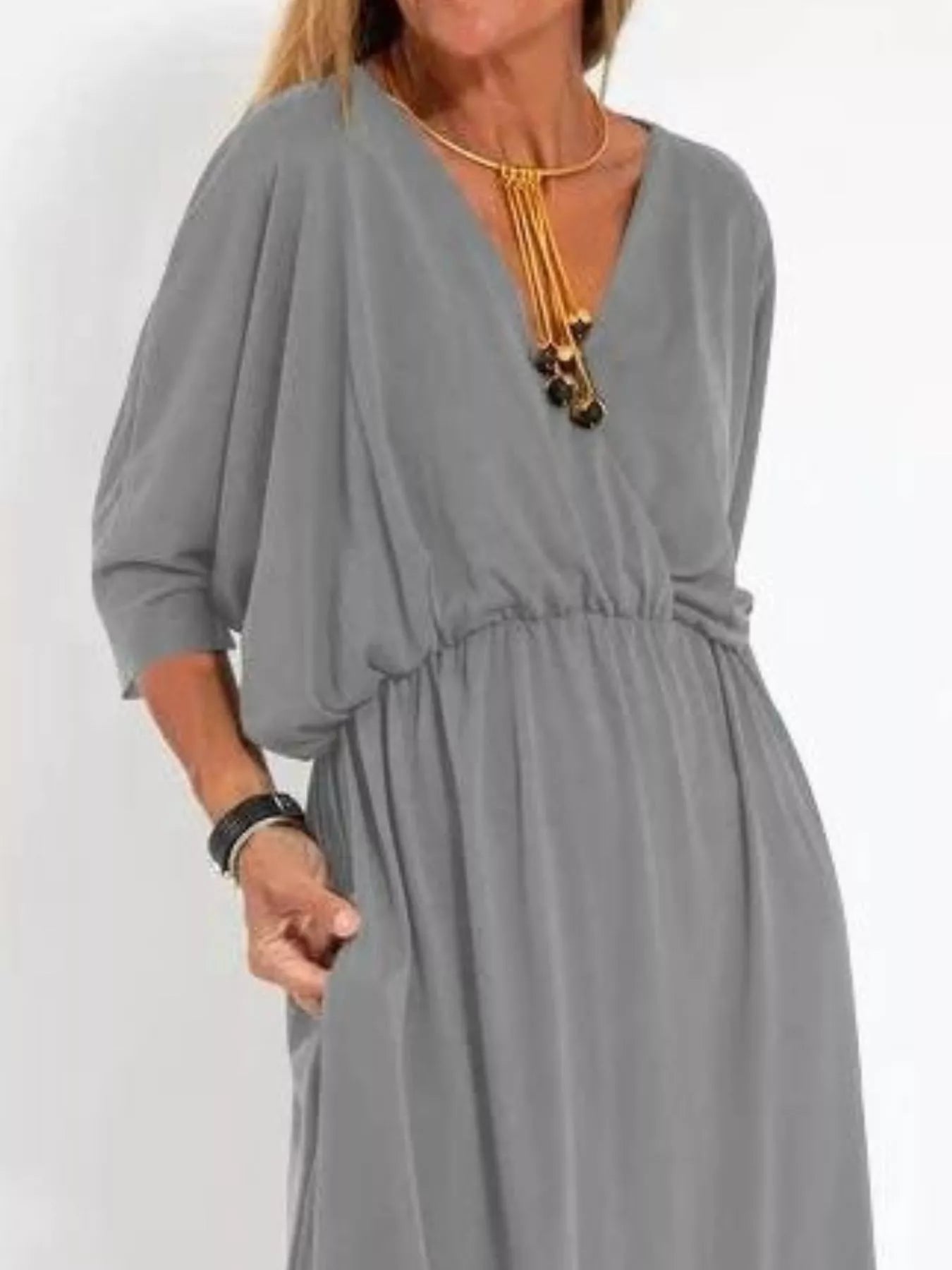 Full Size V-Neck Batwing Sleeve Maxi Dress with Side Slits Plus Size