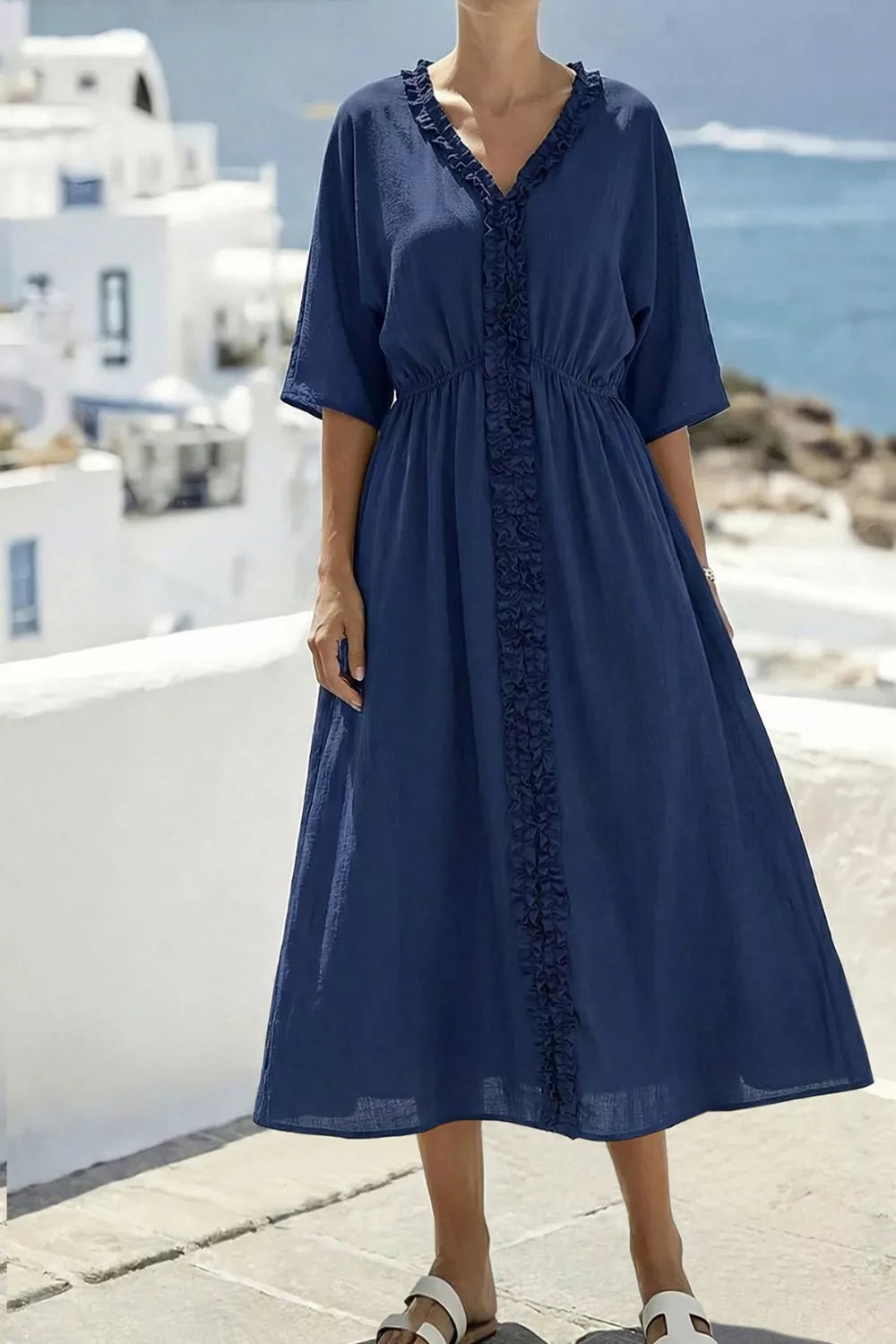 Frill V-Neck Half Sleeve Midi Dress