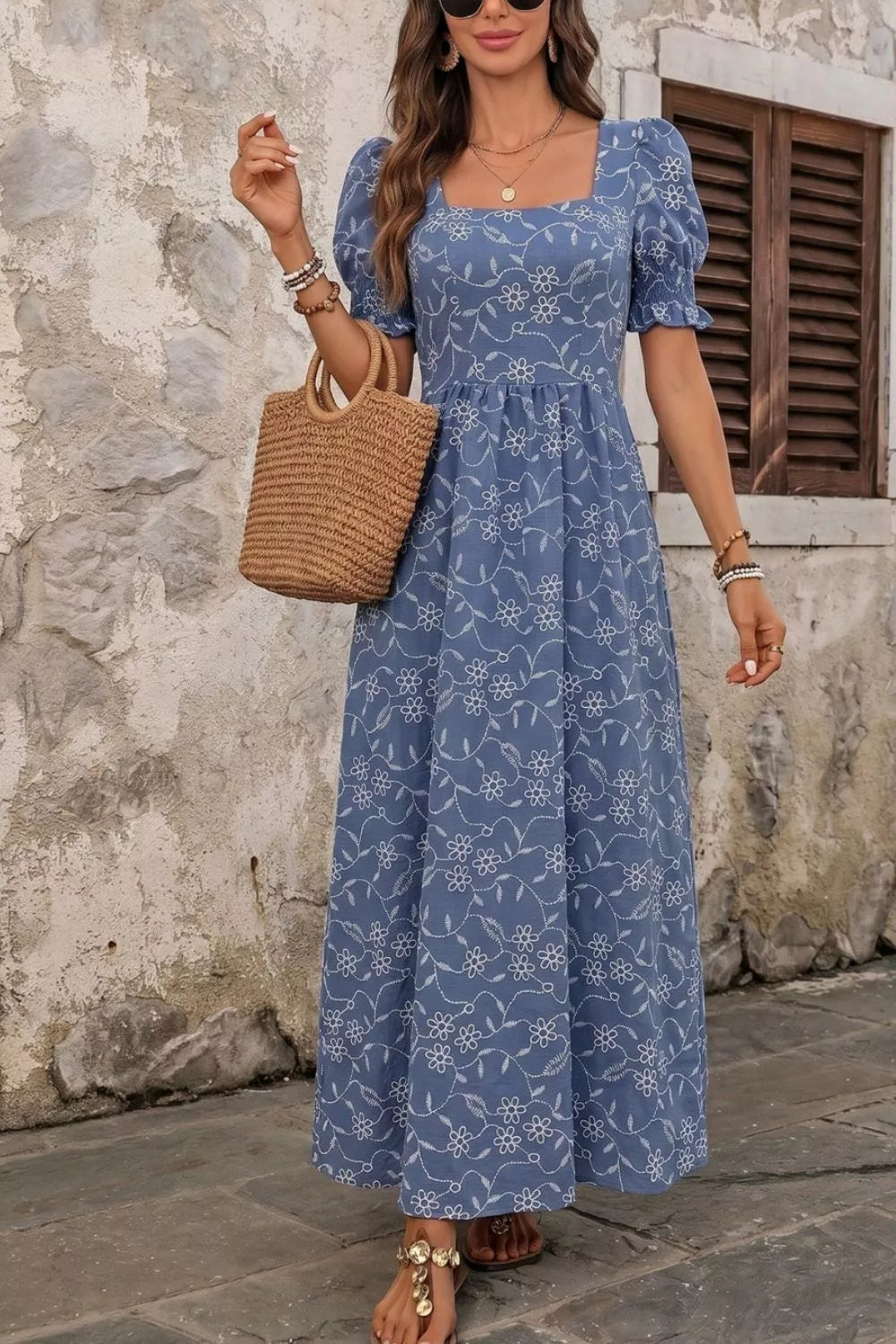 Square Neck Puff Sleeve Maxi Dress