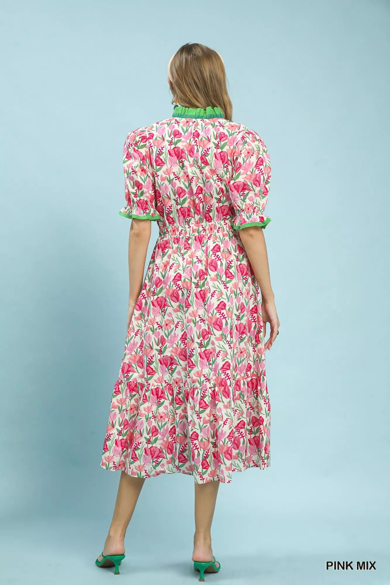 Umgee Floral Ruffle Trim Tiered Midi Dress