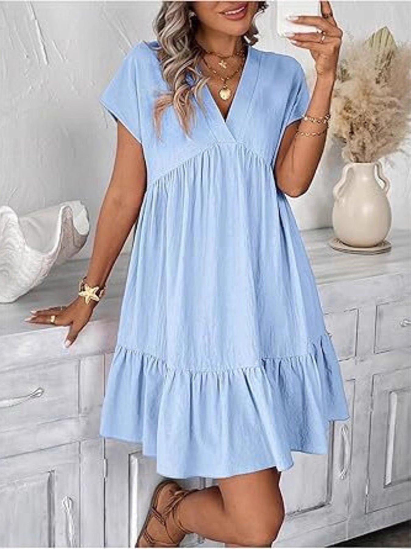 Short Sleeve Ruffle Hem Mini Dress