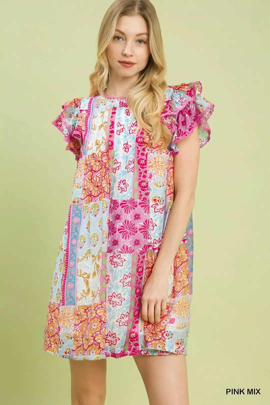 Umgee Mix Patchwork Flutter Sleeve Mini Dress