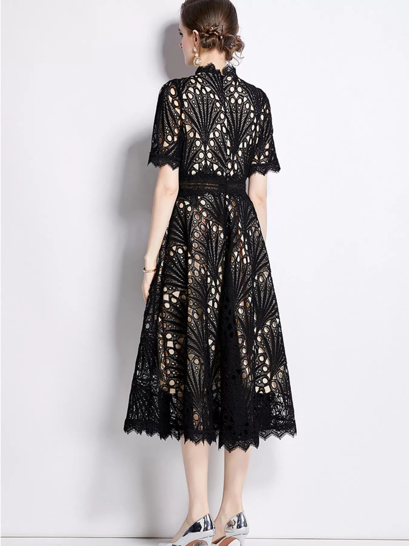Full Size Lace Short Sleeve Midi Dress Plus Size