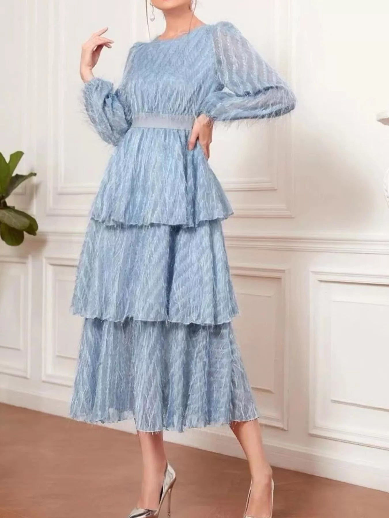 Full Size Layered Balloon Sleeve Midi Dress Plus Size