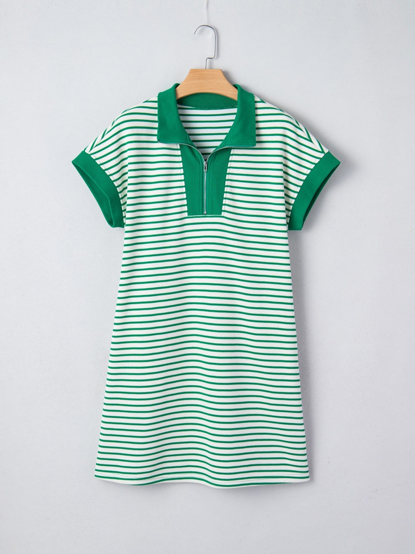 Stripe Quarter Zip Polo Collar T Shirt Dress with Pockets