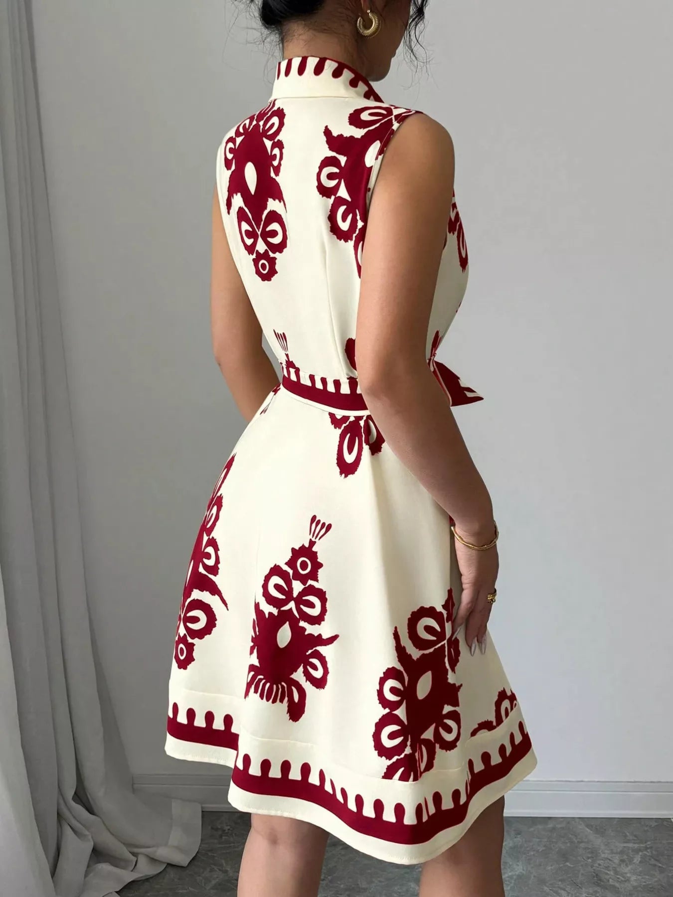 Sleeveless Ruched Printed Tie Waist Dress
