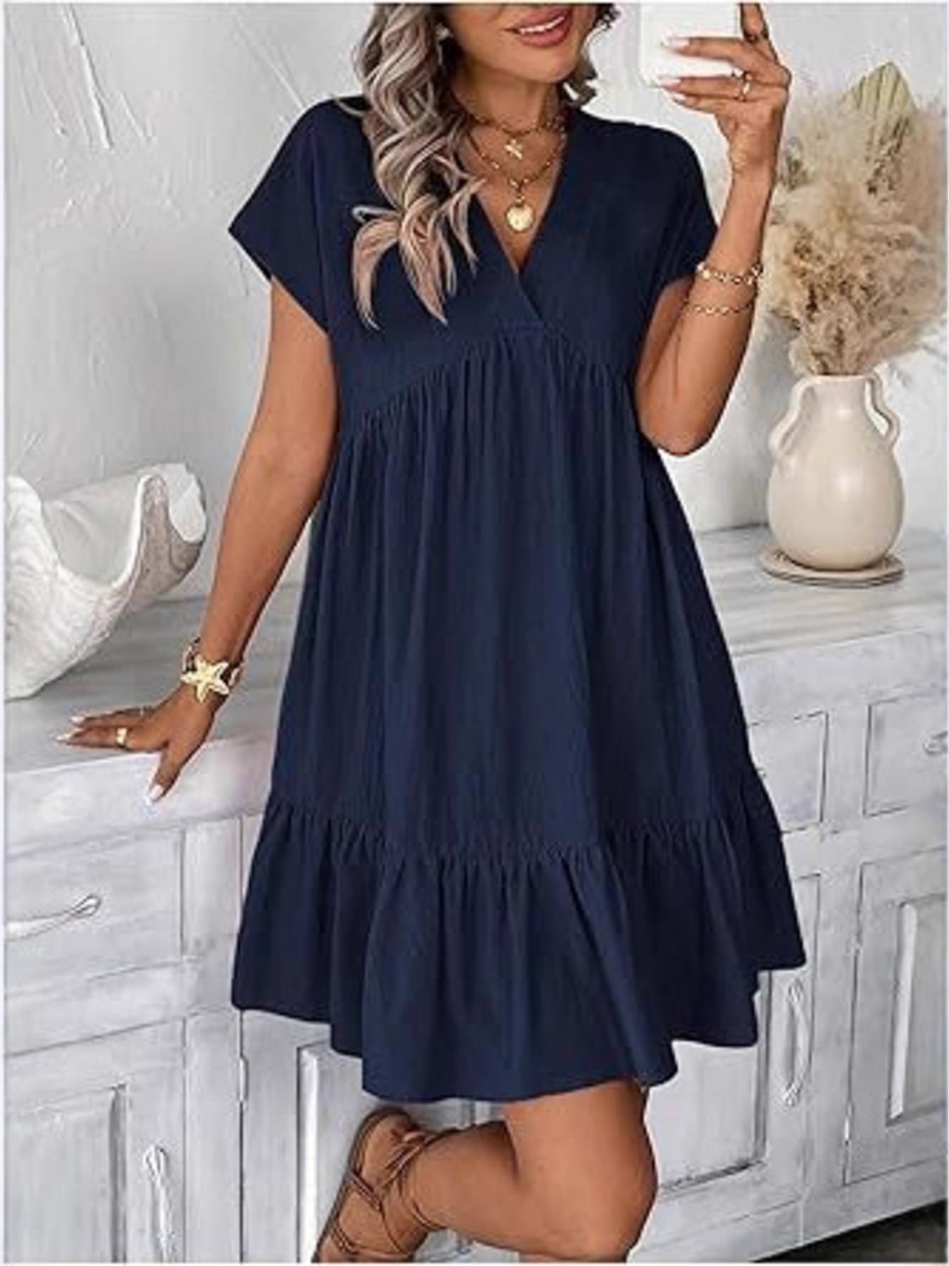 Short Sleeve Ruffle Hem Mini Dress