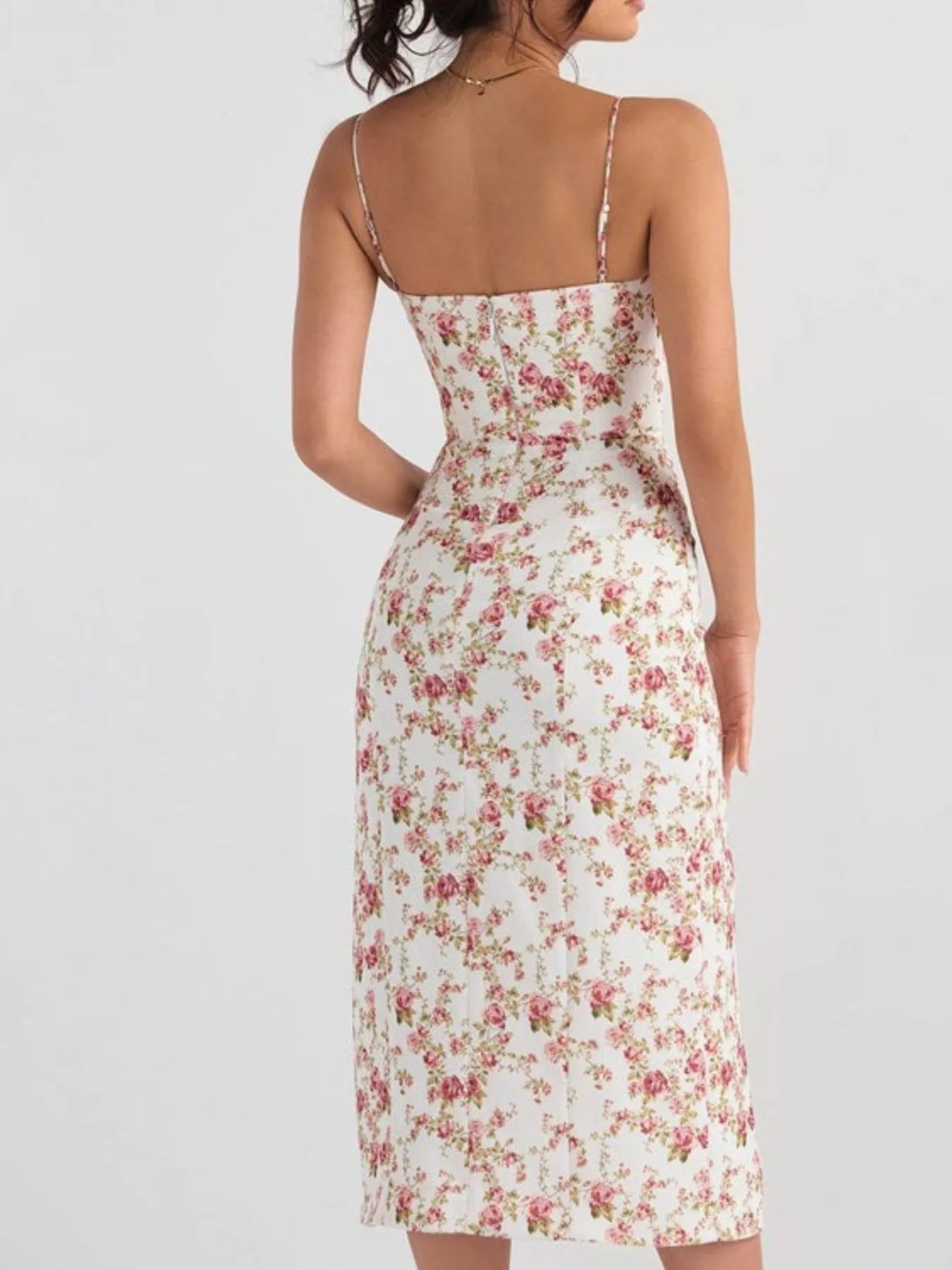 Floral Print Lace Trim Slit Midi Dress
