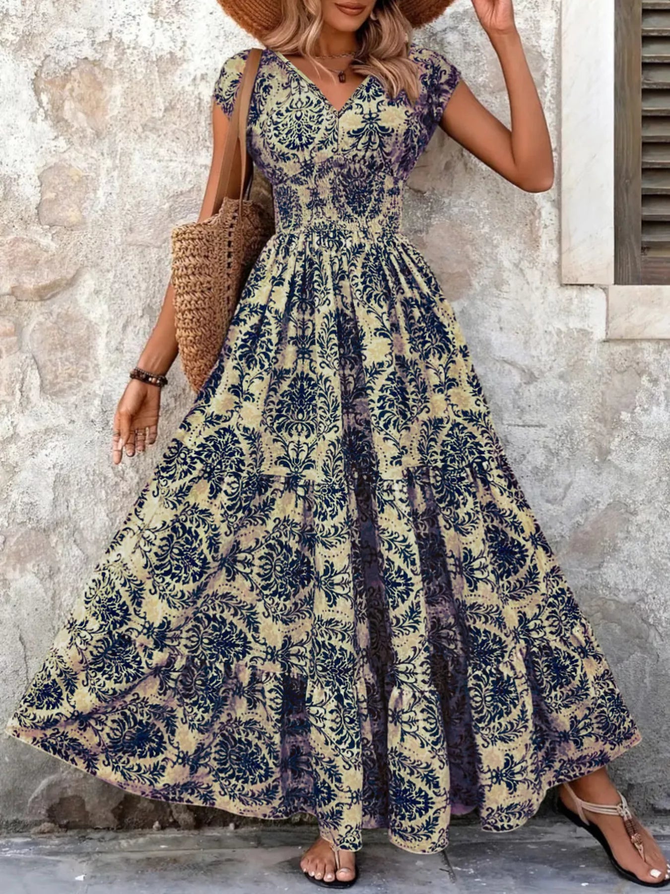 Full Size Printed V-Neck Tiered Maxi Dress Plus Size