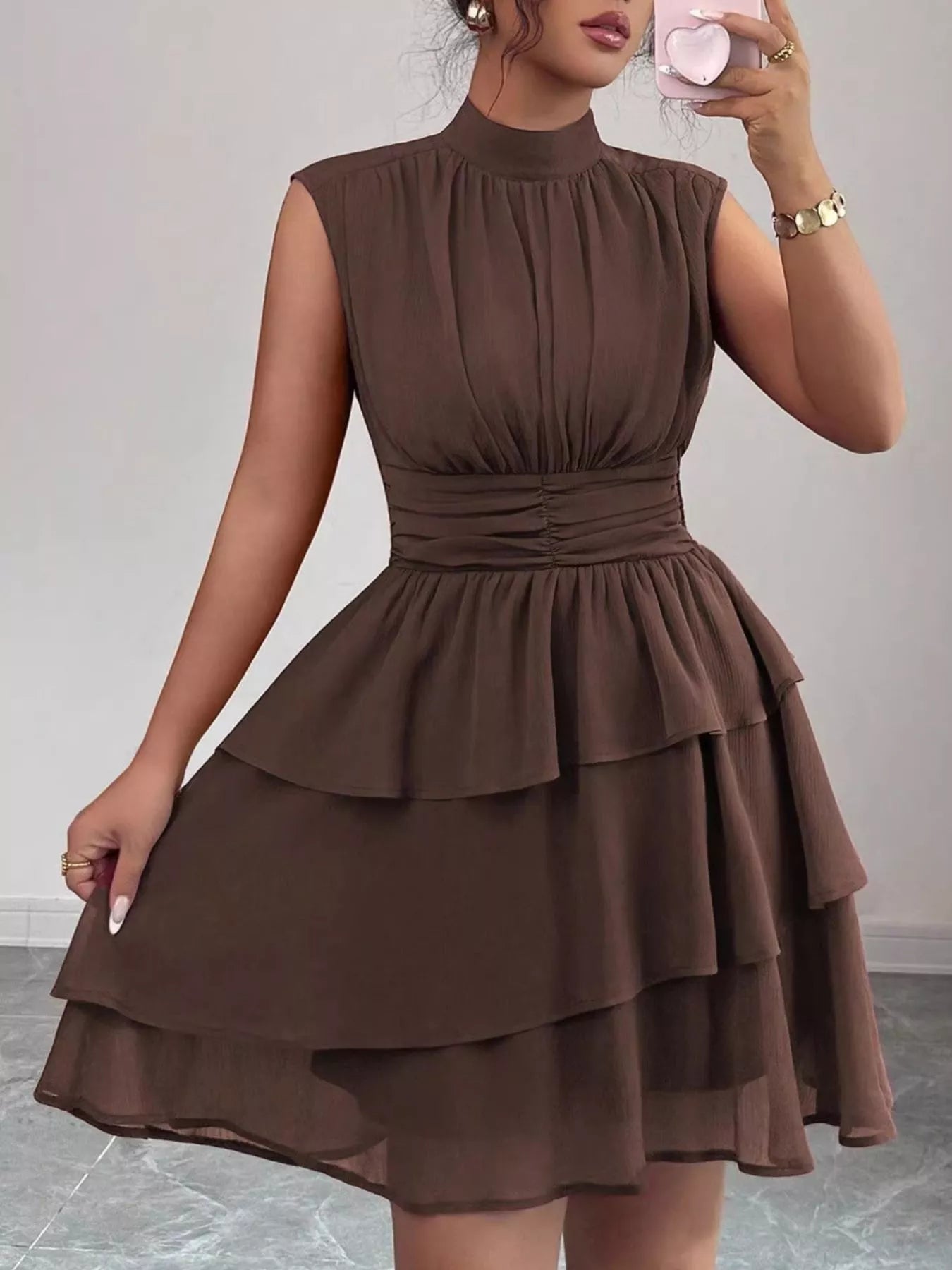 Sleeveless Mock Neck Layered Ruffle Dress