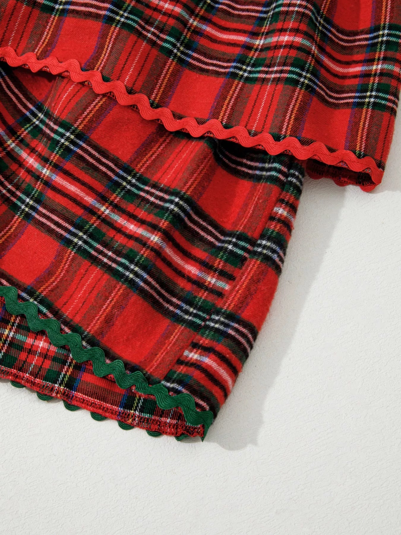 Plaid Print Ricrac Tiered Bubble Sleeve Mini Dress