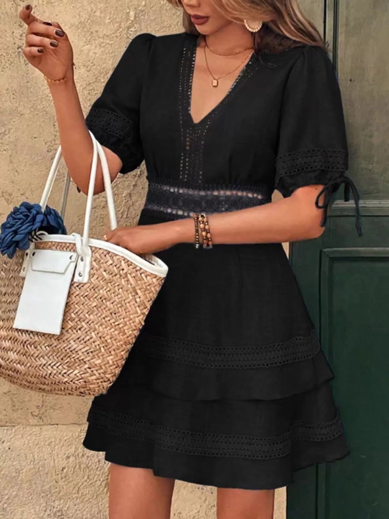 Lace Detail V-Neck Mini Dress