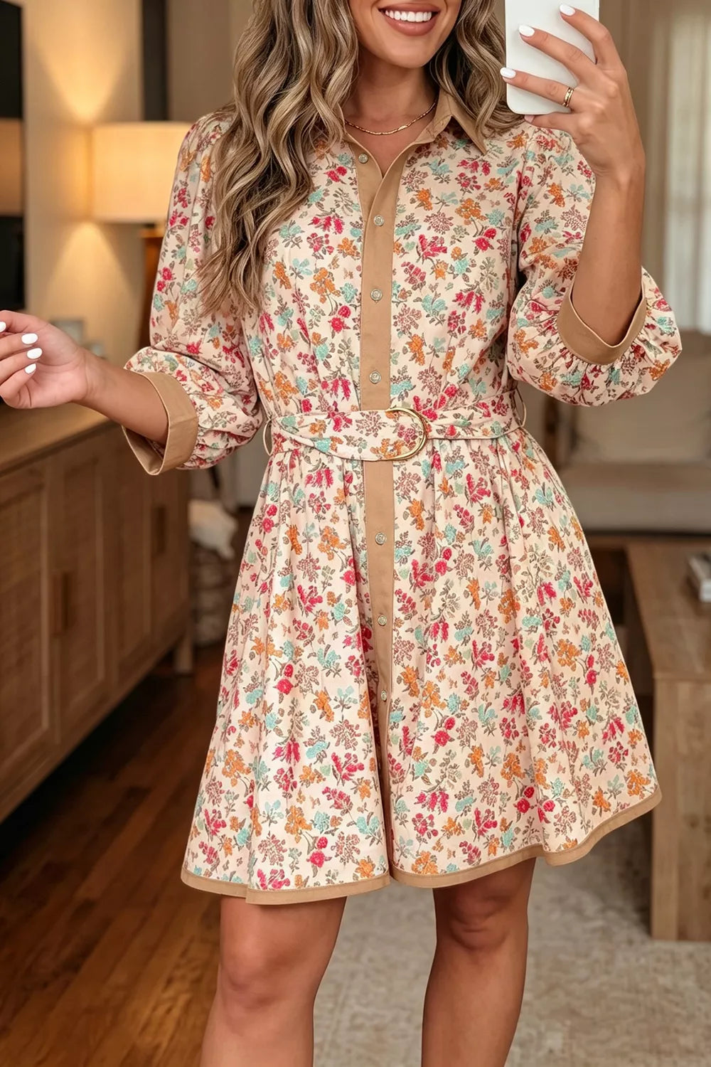 Floral Print Color Block Trim Button Down 3/4 Sleeve Belted Mini Dress