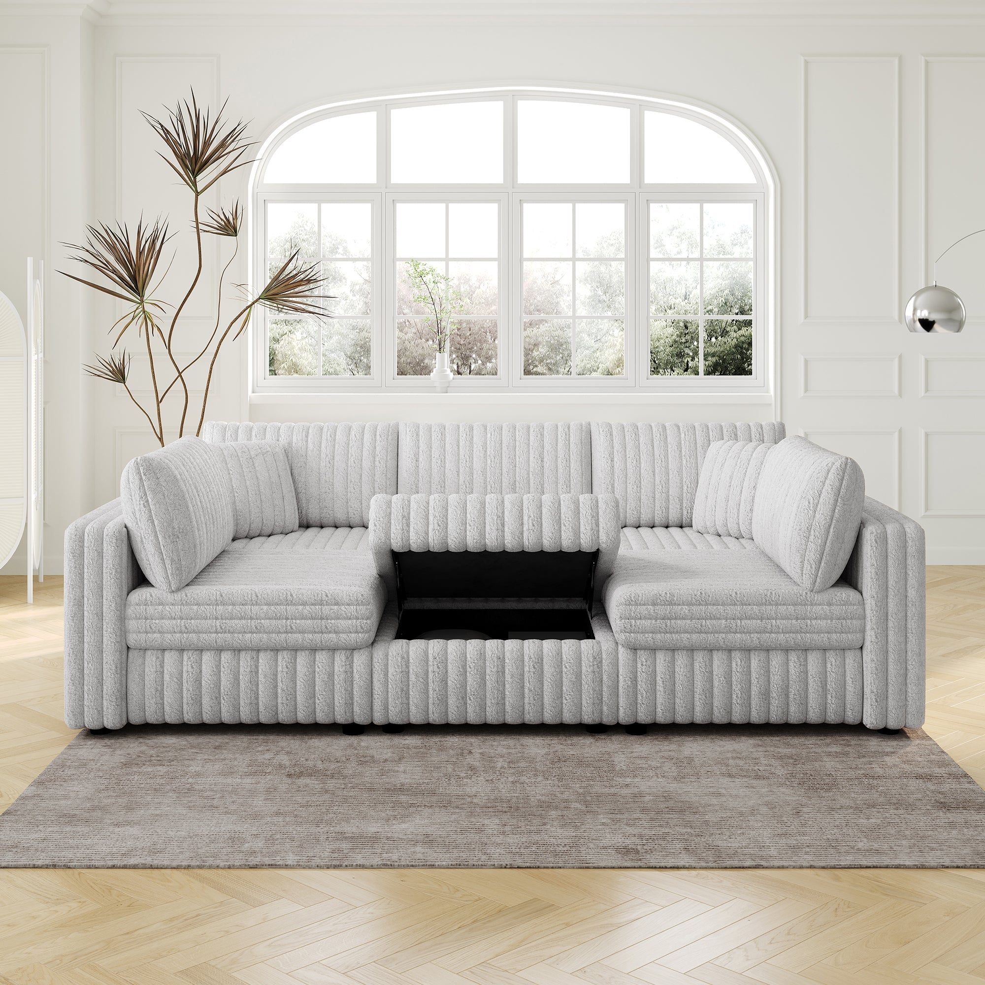 106.3" Soft U-Shaped 6-Person Sofa with Ottoman - Light Gray