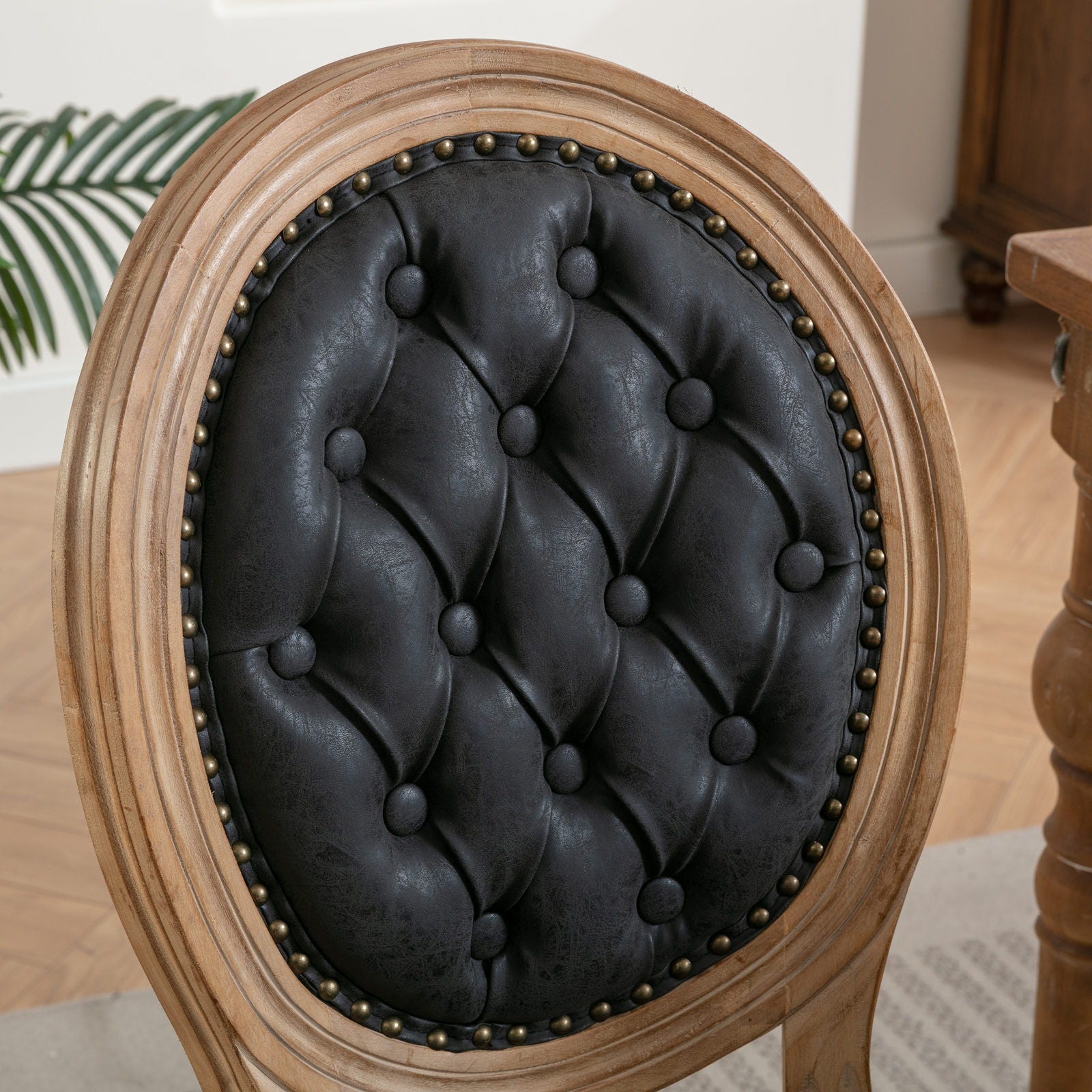French Style Solid Wood Frame Antique Painting, Hand-Pulled Buckle Decoration Artificial Dining Chair With Nailhead Trim, Wood Legs