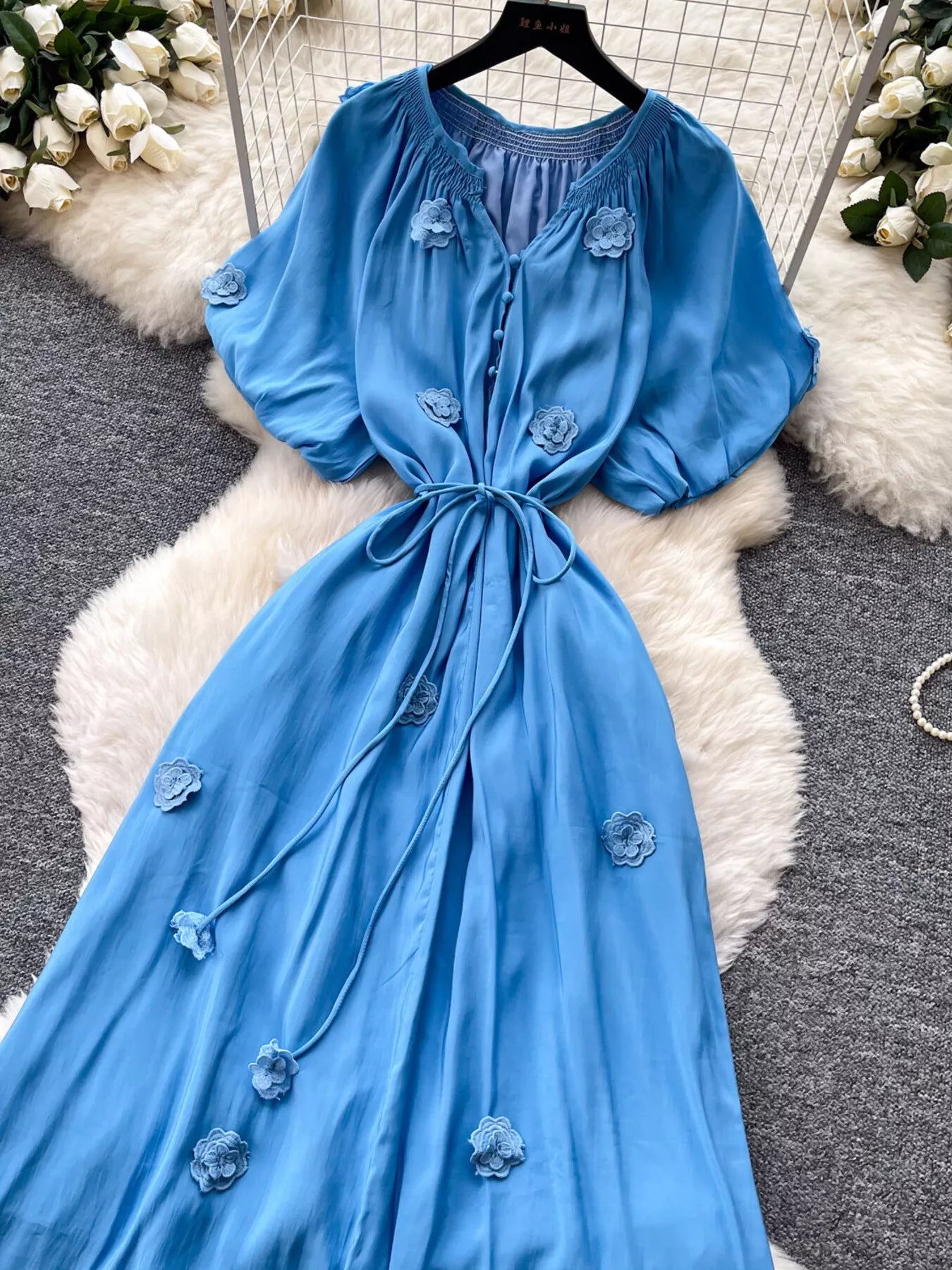 Floral Decor Tie Waist Puff Sleeve Dress