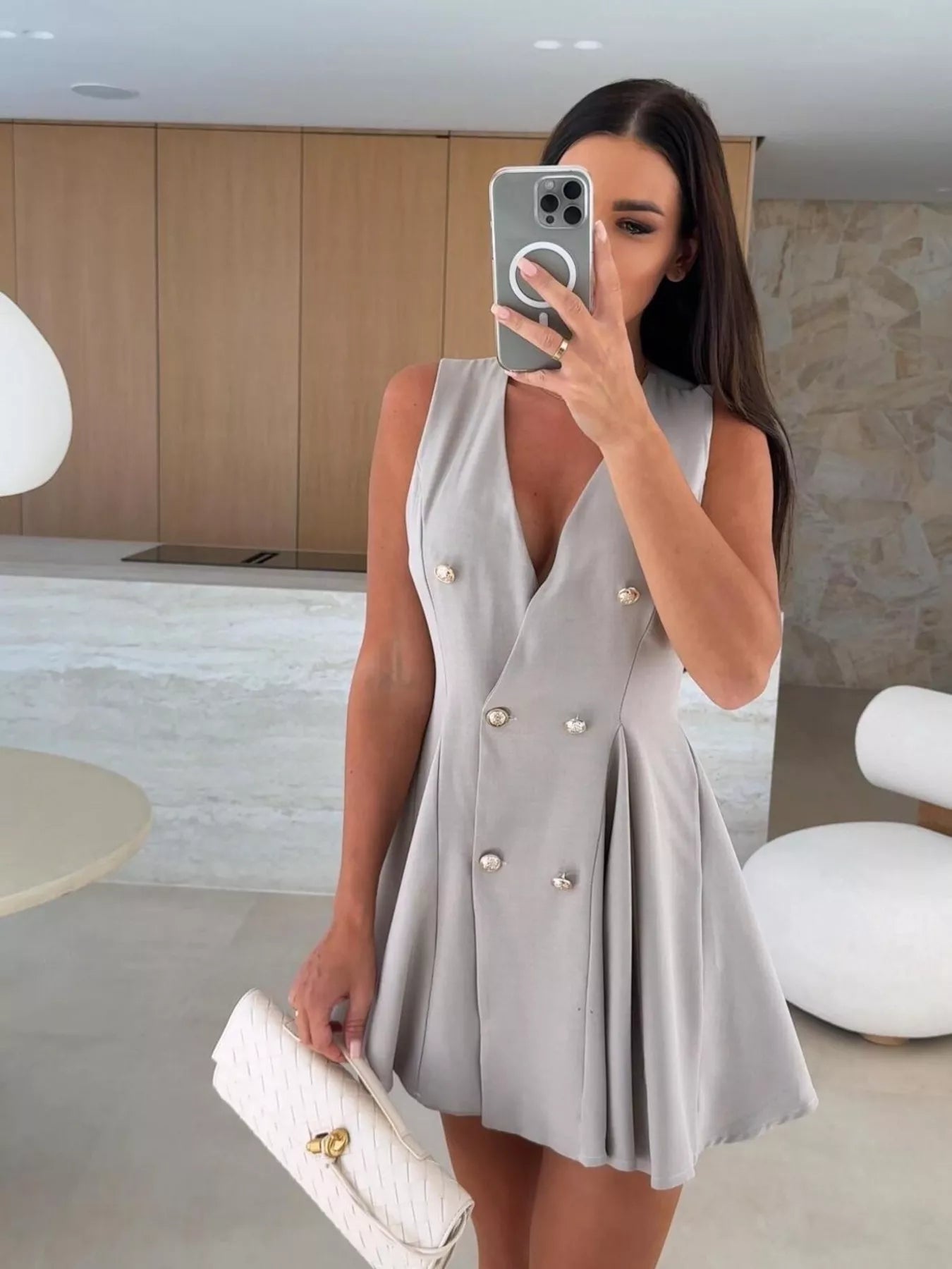 Double-Breasted V-Neck Mini Dress