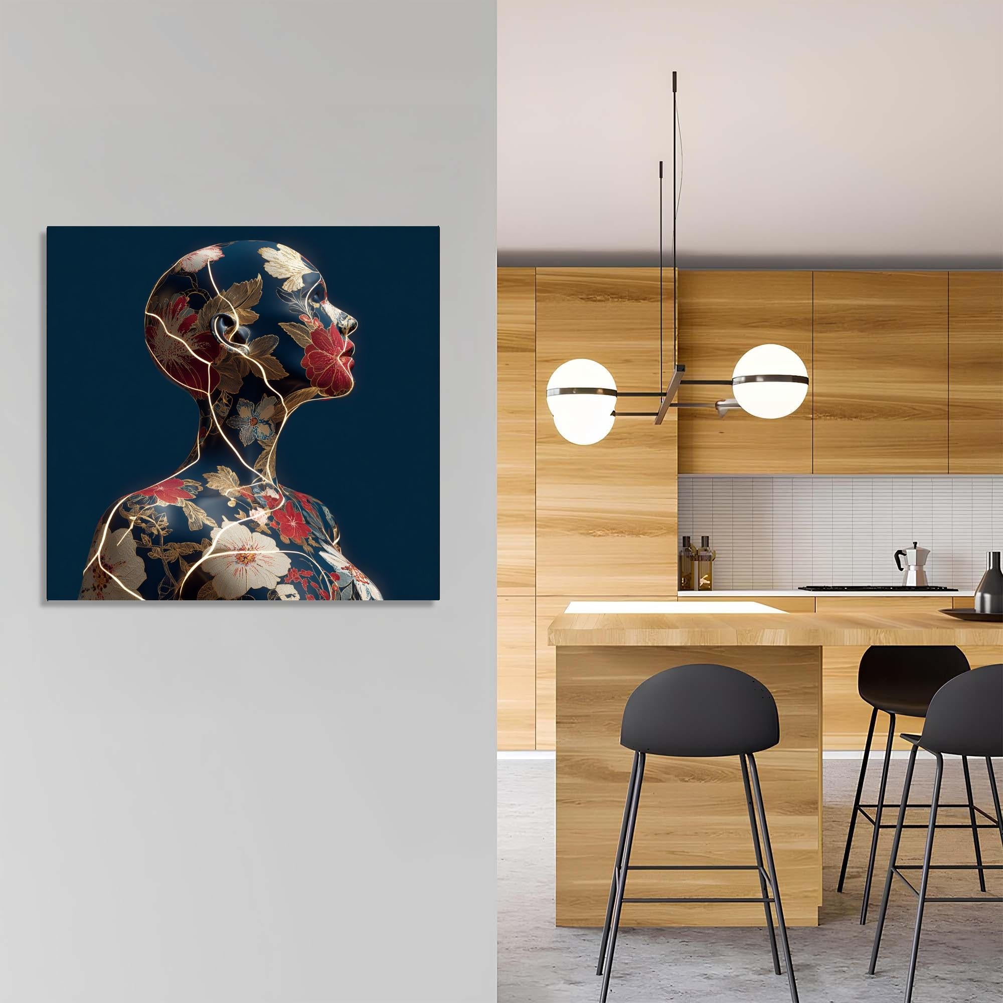 Floral Woman Tempered Glass Wall Art | Golden Crack Accent