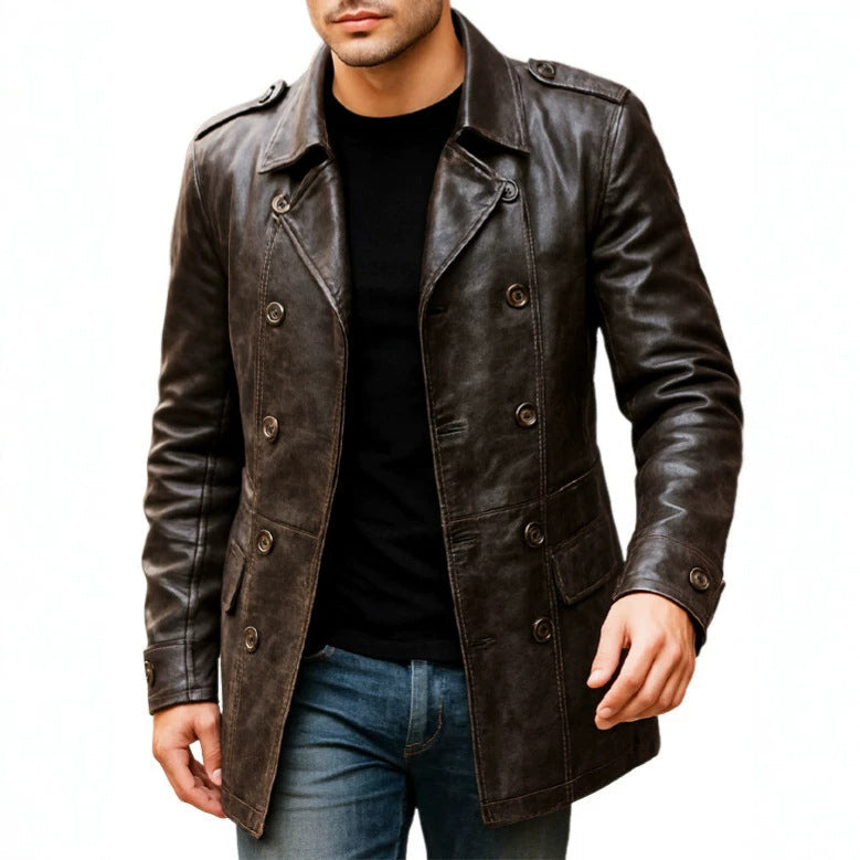Mens Lapel-collar Double-breasted Slim-fit Leather Jacket