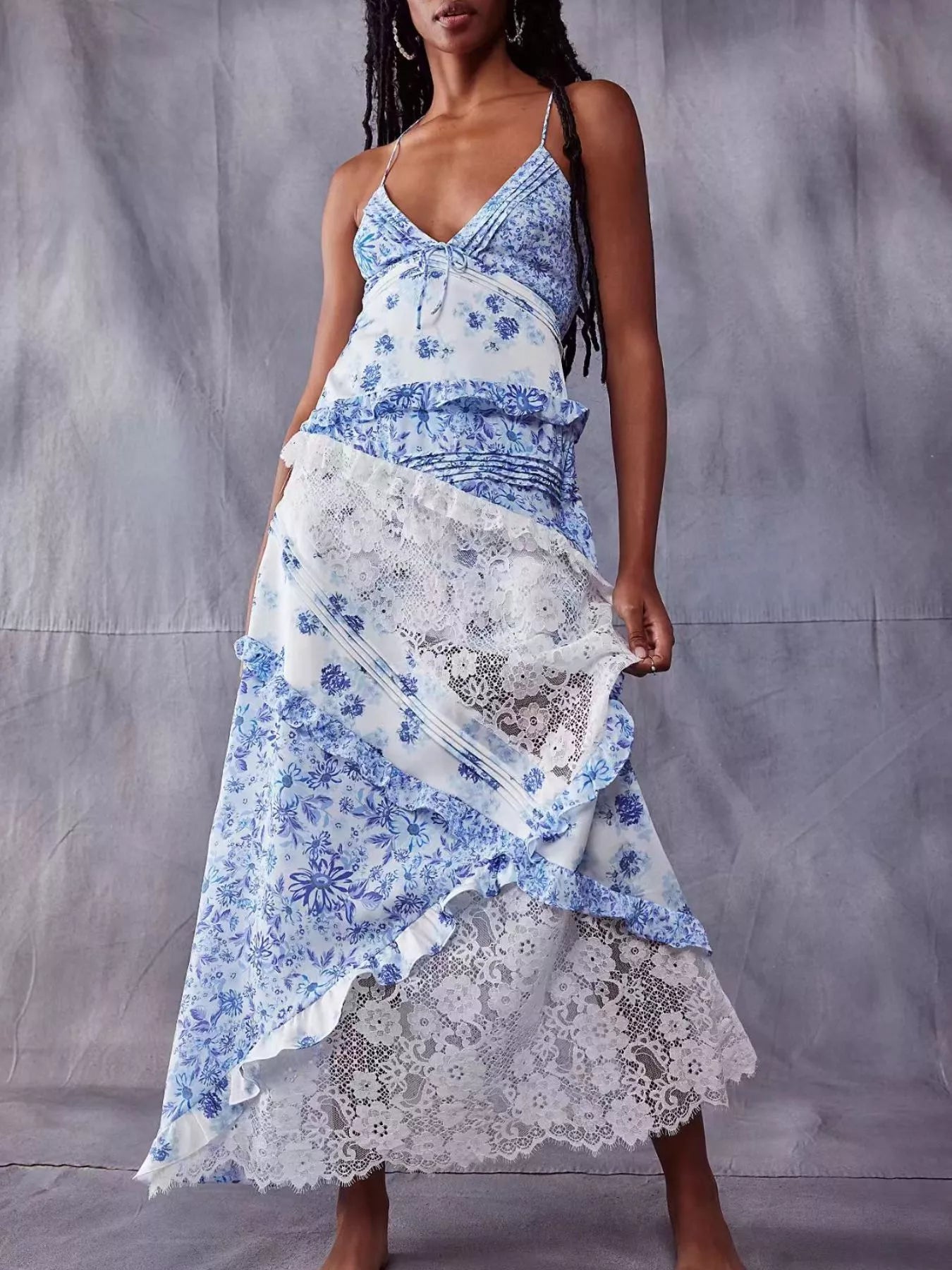 Lace Floral Print Ruffle Trim Maxi Dress