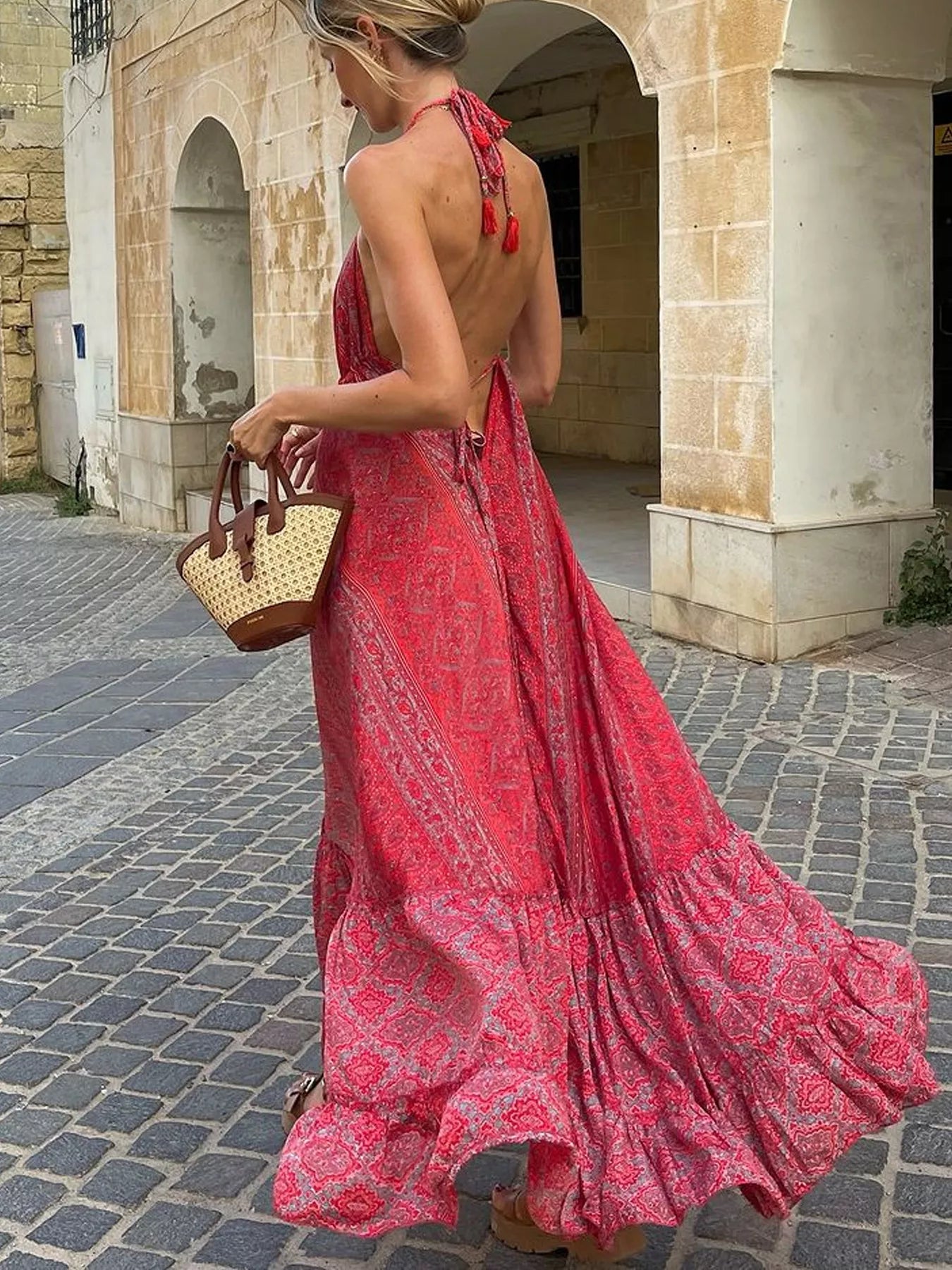 Tiered Halter Neck Maxi Dress