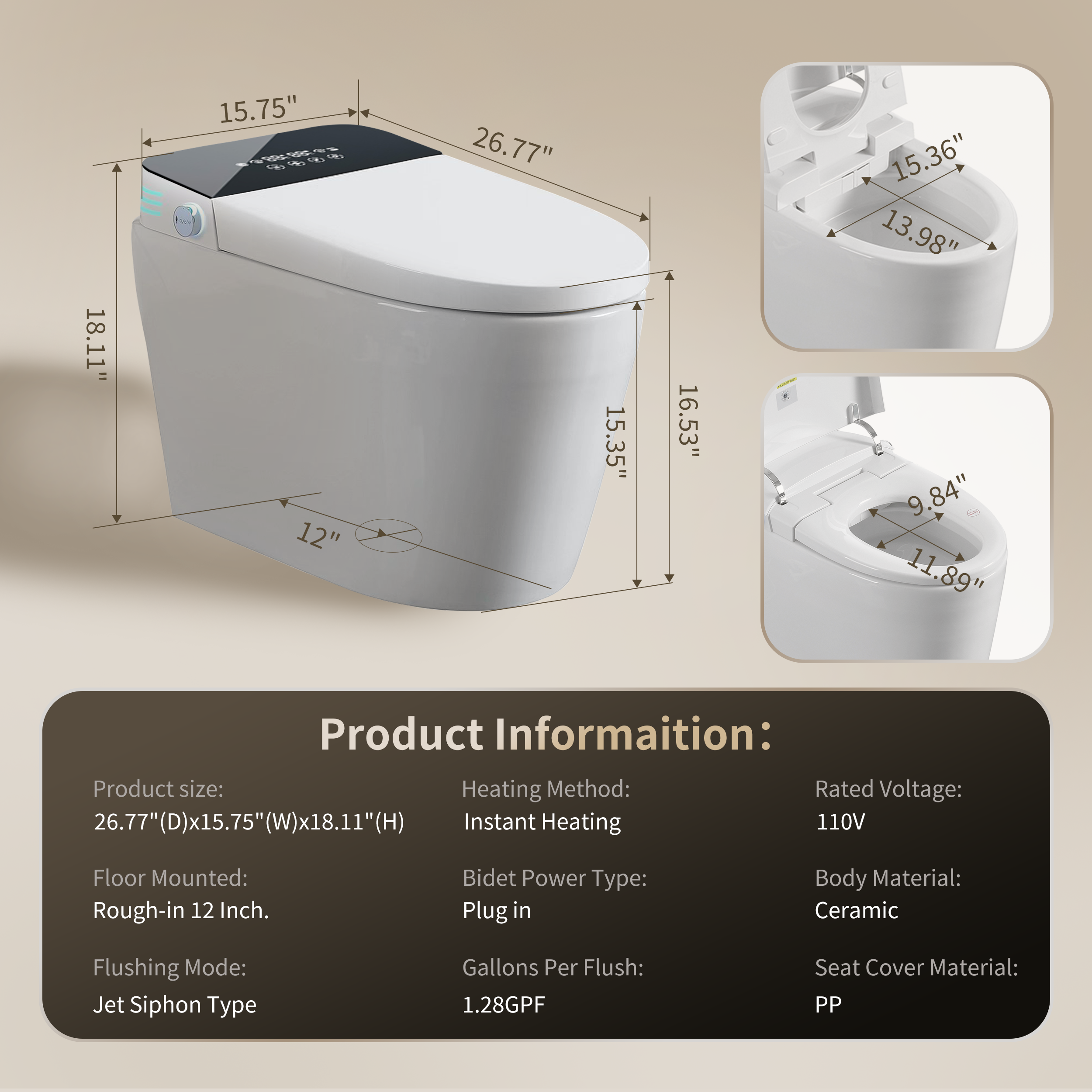Tankless Smart Toilet with Built-In Bidet and Remote Control