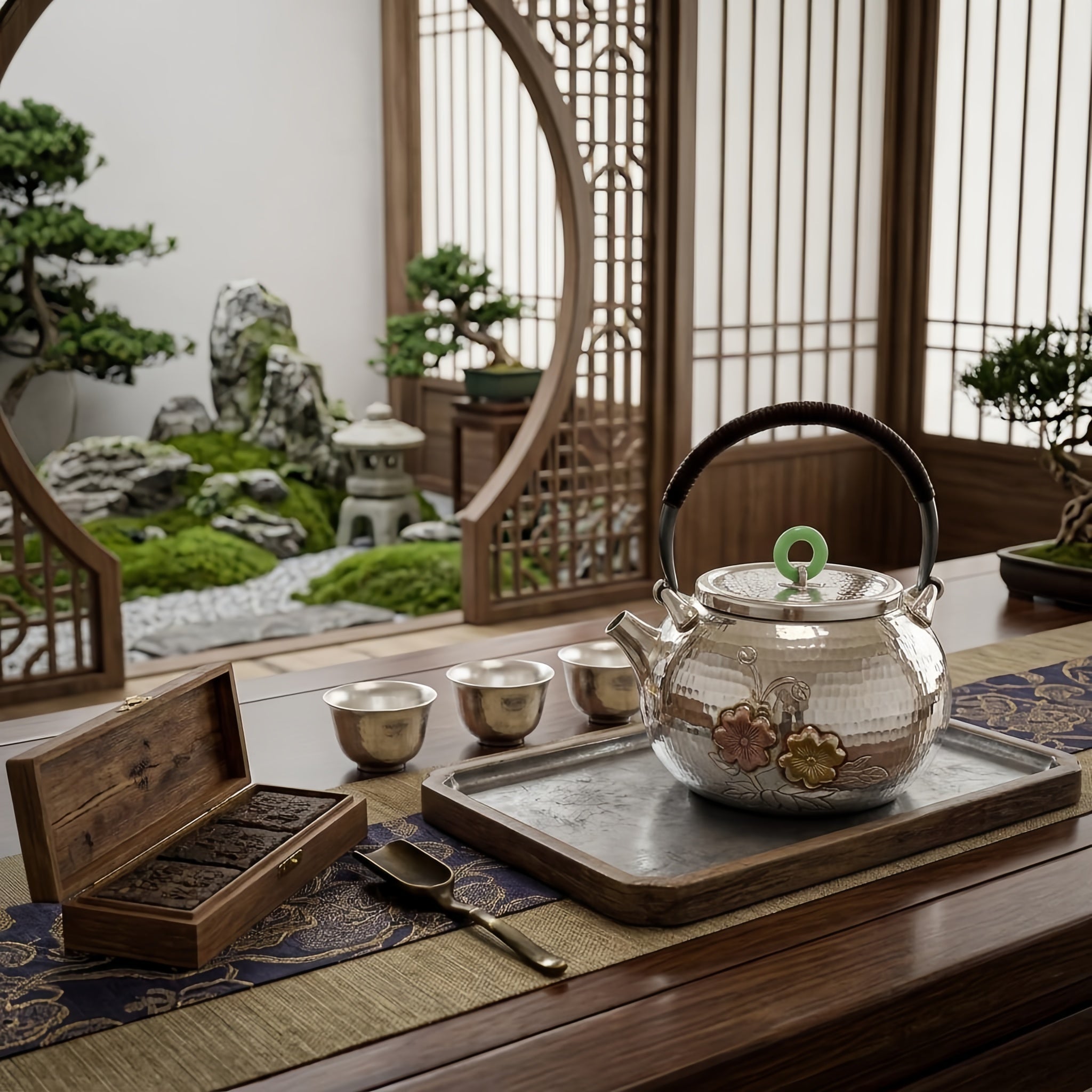 Pure 999 Fine Silver Elegant Hand-Hammered Silver Teapot with Floral Relief and Green Jade Finial - Handicraft