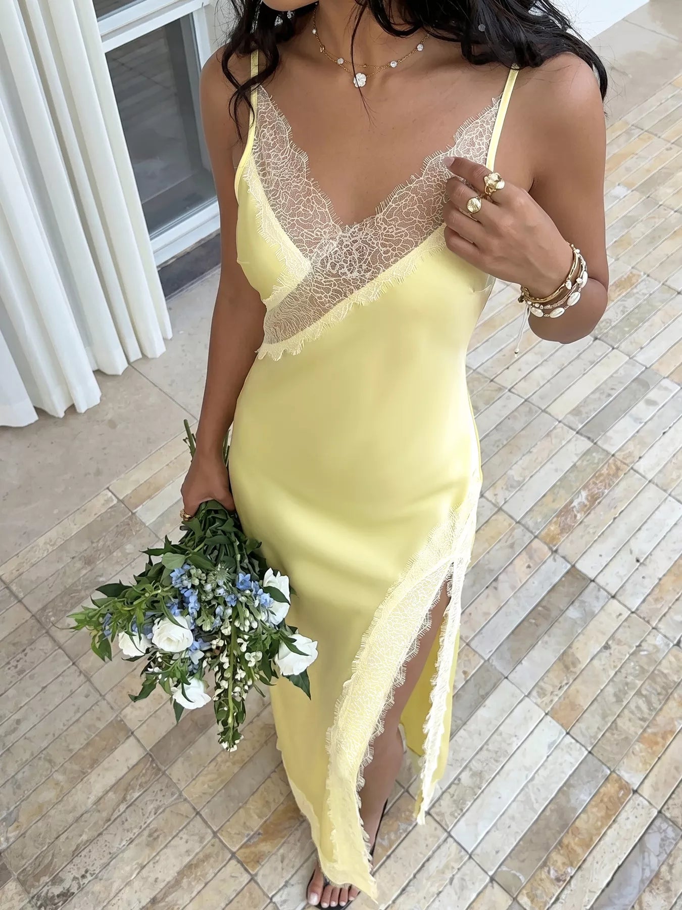 Lace Trimmed Slit Midi Dress