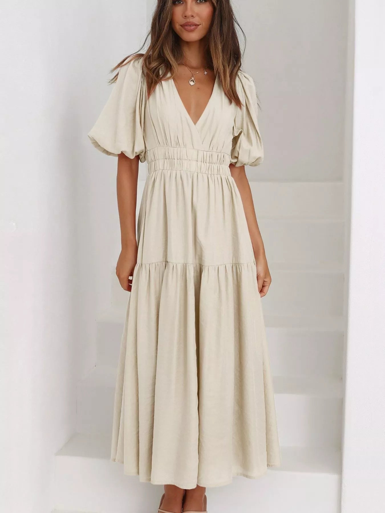 V-Neck Puff Sleeve Midi Dress
