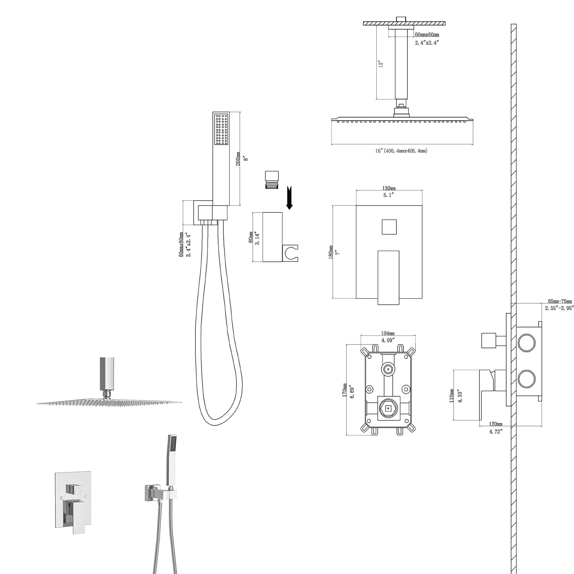 Modern Dual Shower Head System With 16" Ceiling Mount Finish, Stainless Steel And Brass