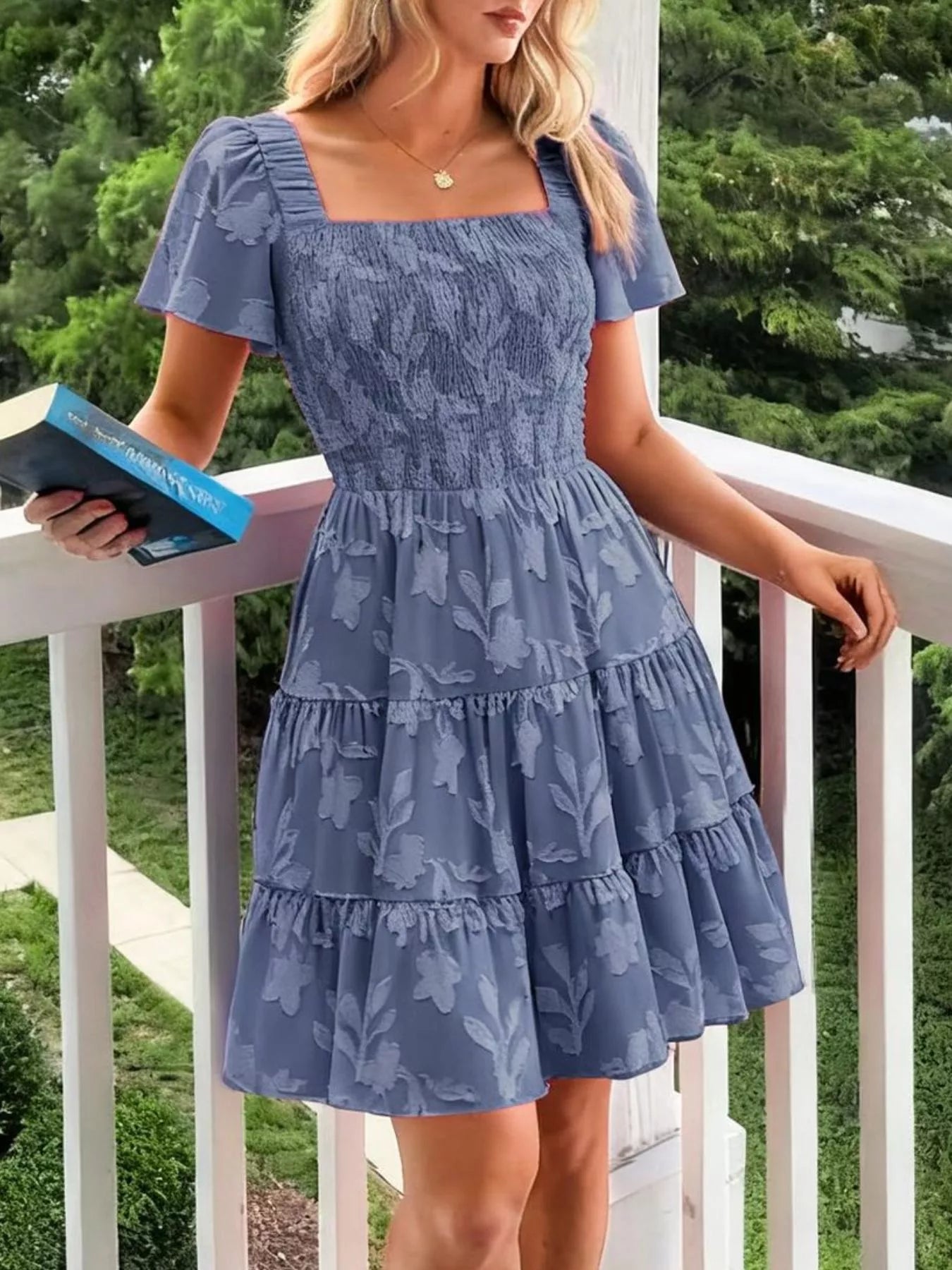 Smocked Square Neck Tiered Mini Dress