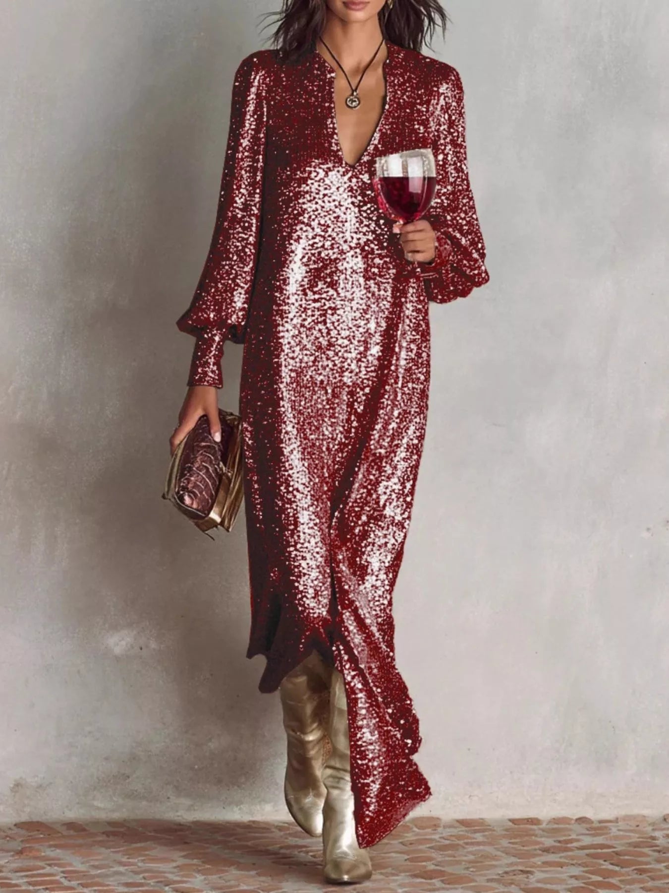 Sequin Notched Lantern Sleeve Maxi Dress
