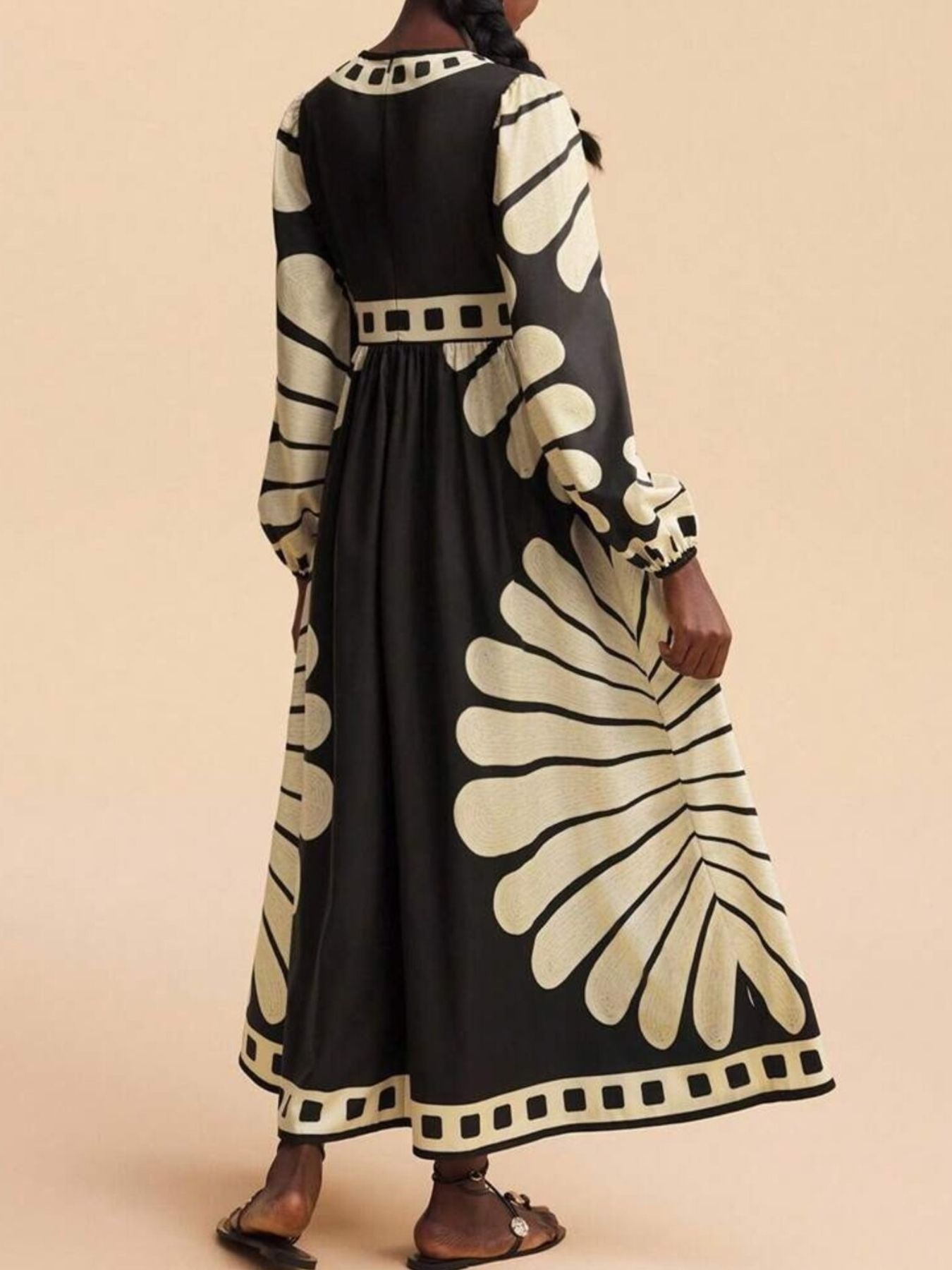 Printed Deep V-Neck Long Sleeve Dress