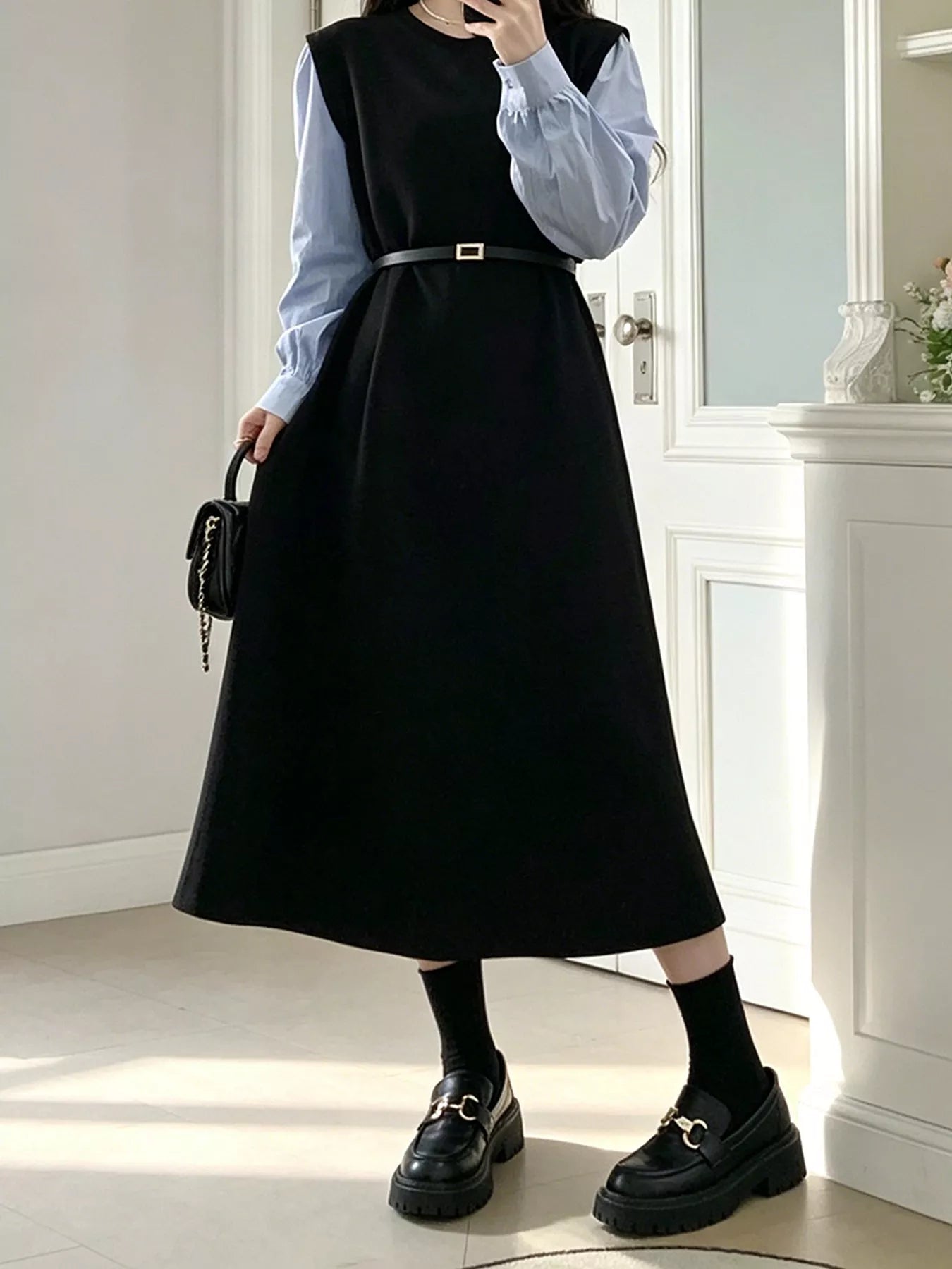 Contrast Sleeve A-Line Dress with Belt