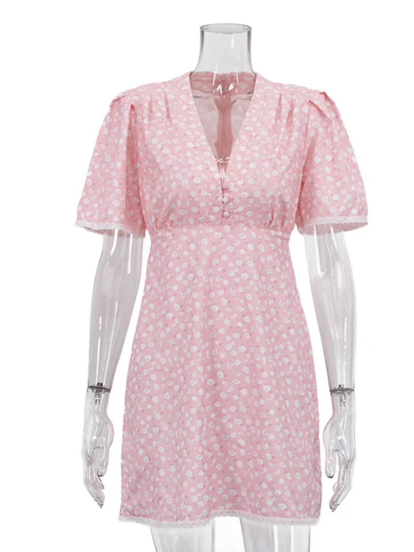 V-Neck Puff Sleeve Mini Dress with Lace Trim