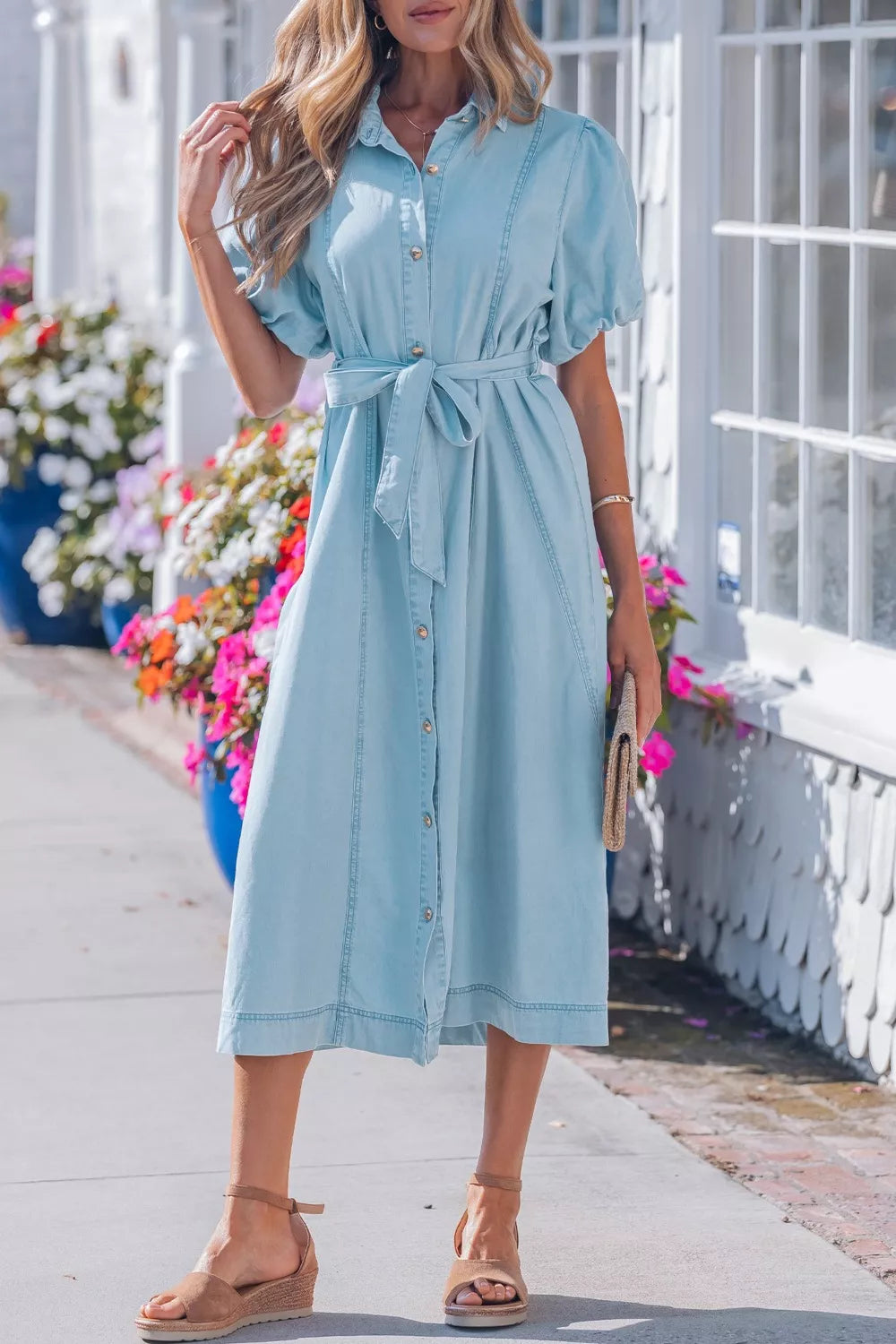 Full Buttons Collared Short Bubble Sleeve Long Denim Dress
