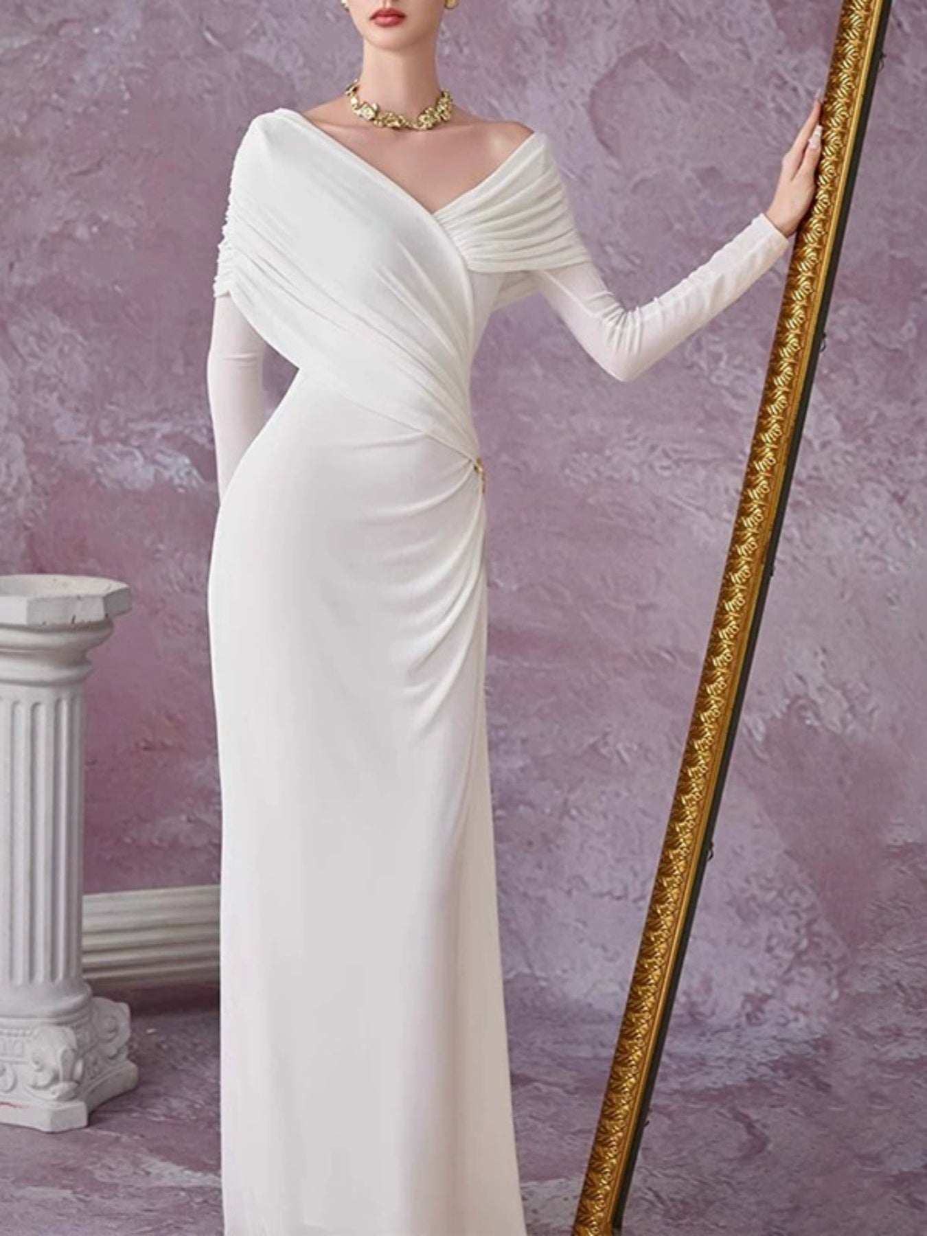 Ruched Draped Long Sleeve Maxi Dress