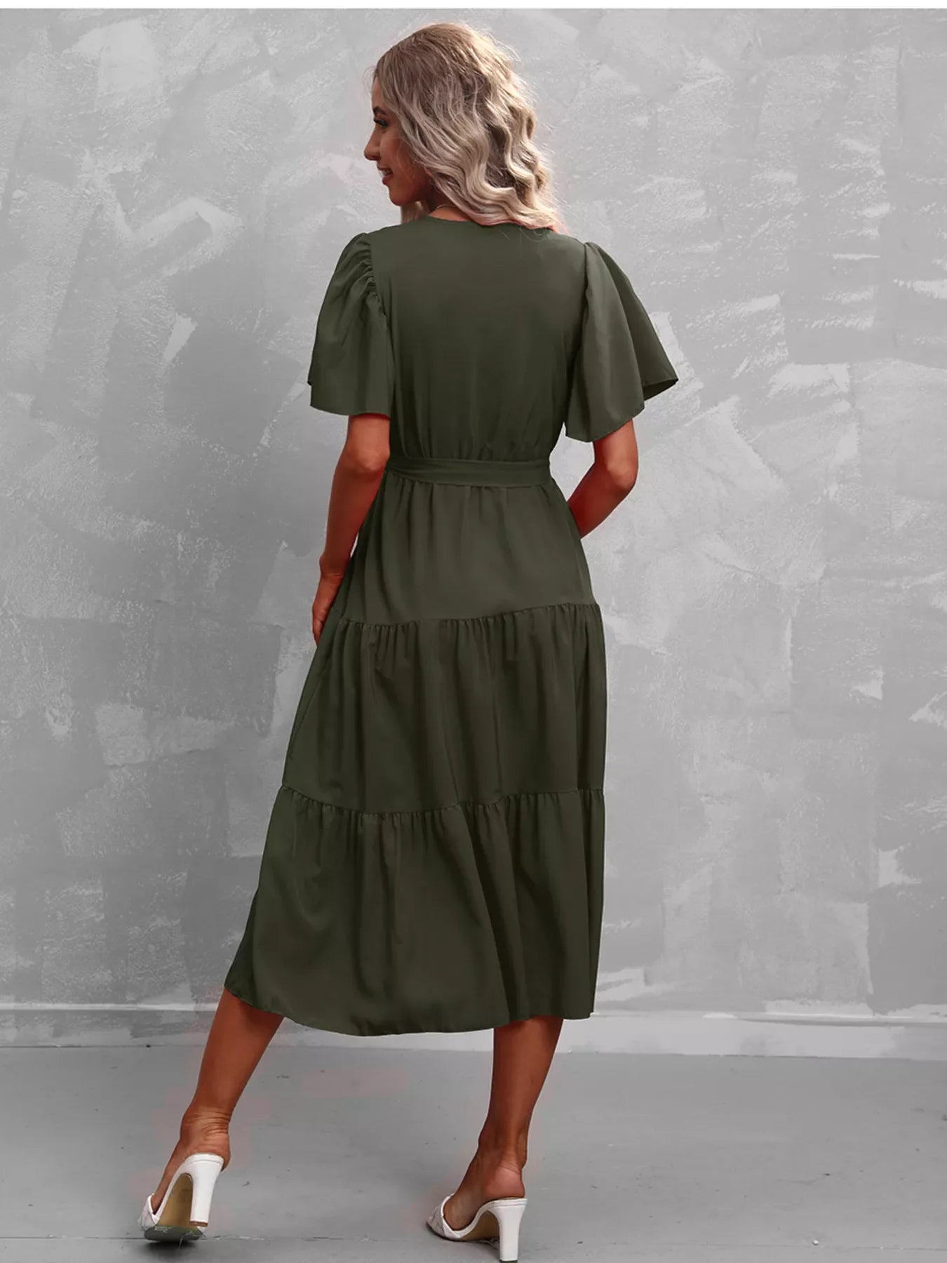 Flutter Sleeve Tiered Midi Dress