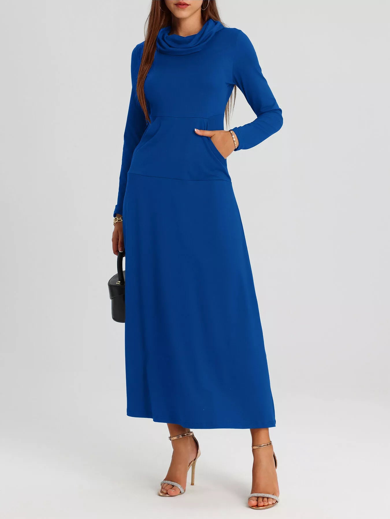 Cowl Neck Long Sleeve Midi Dress
