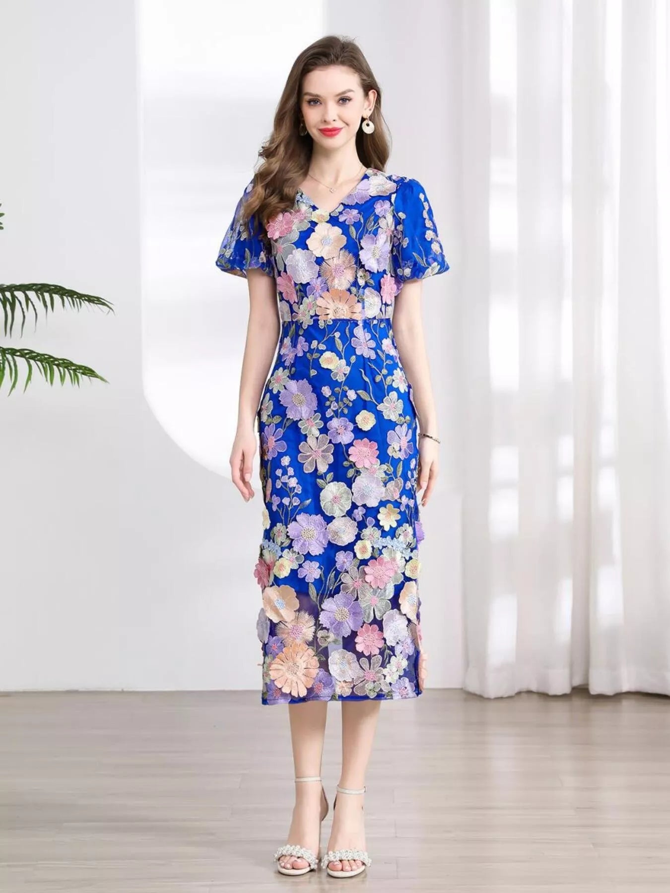 Floral Embroidered Puff Sleeve Midi Dress