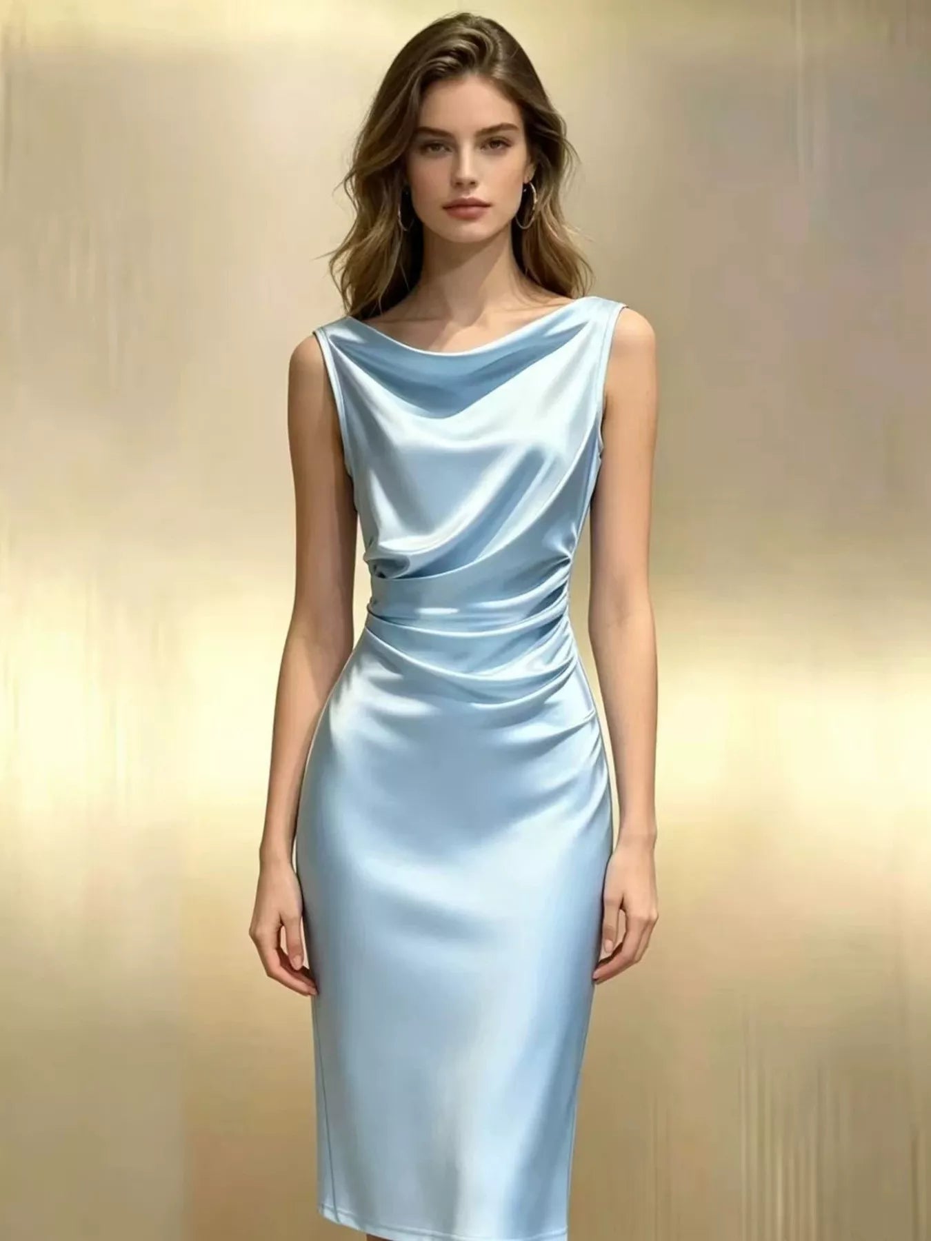 Satin Cowl Neck Ruched Sleeveless Dress