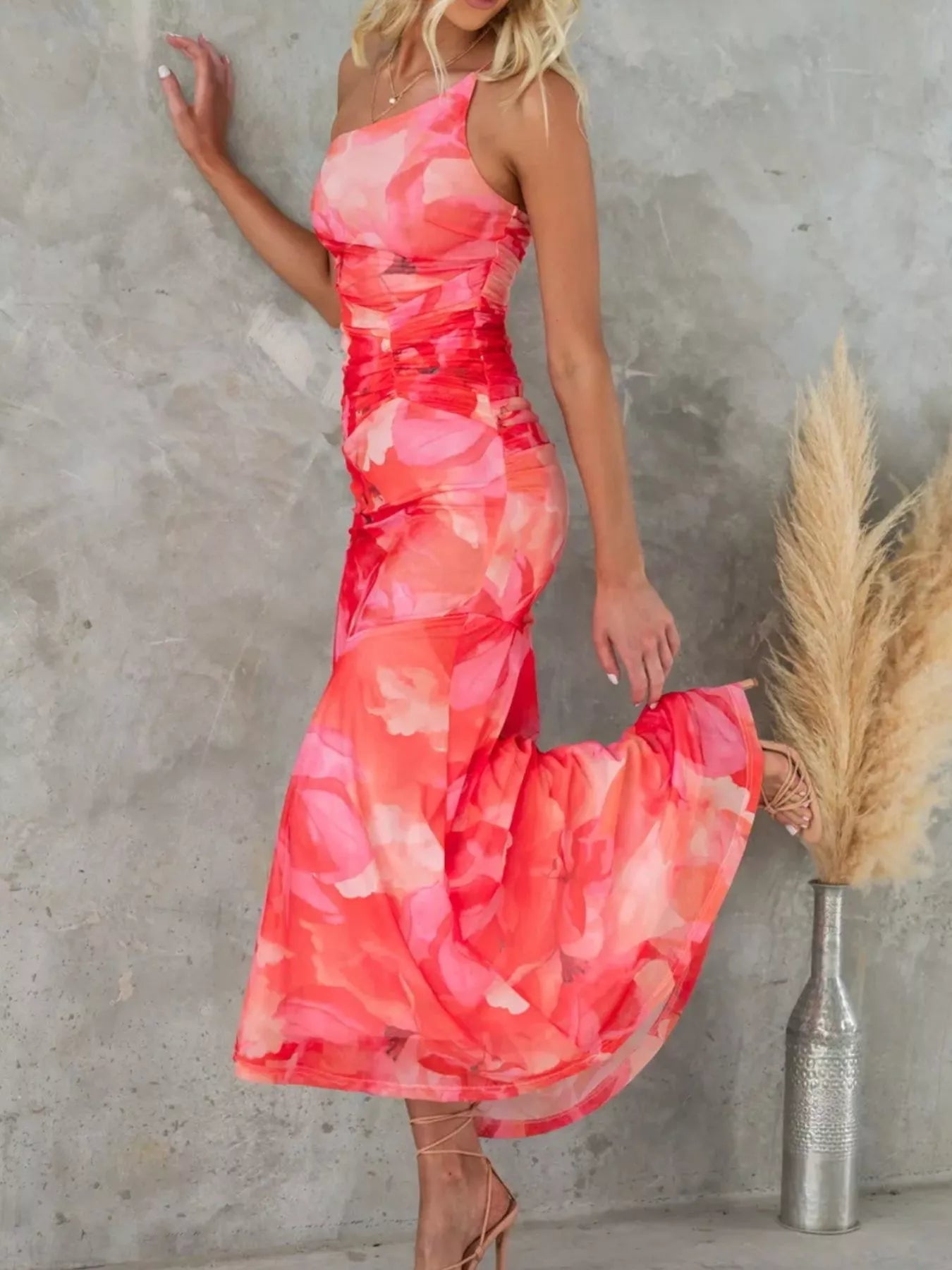 Floral Print One-Shoulder Ruched Maxi Dress