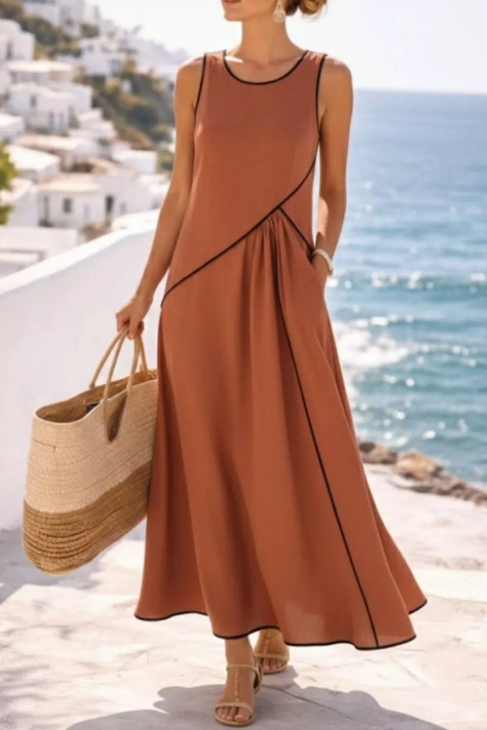 Sleeveless Casual Maxi Dress with Contrast Trim
