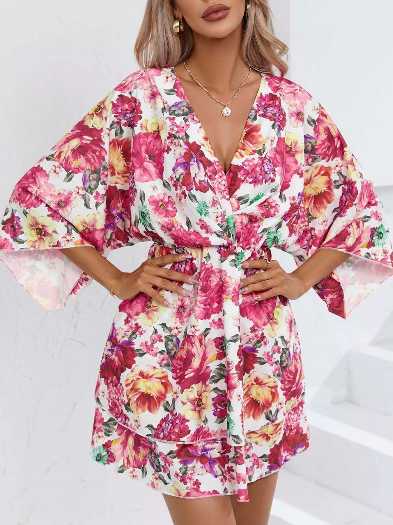 Floral Print Layered Ruffle Hem Mini Dress