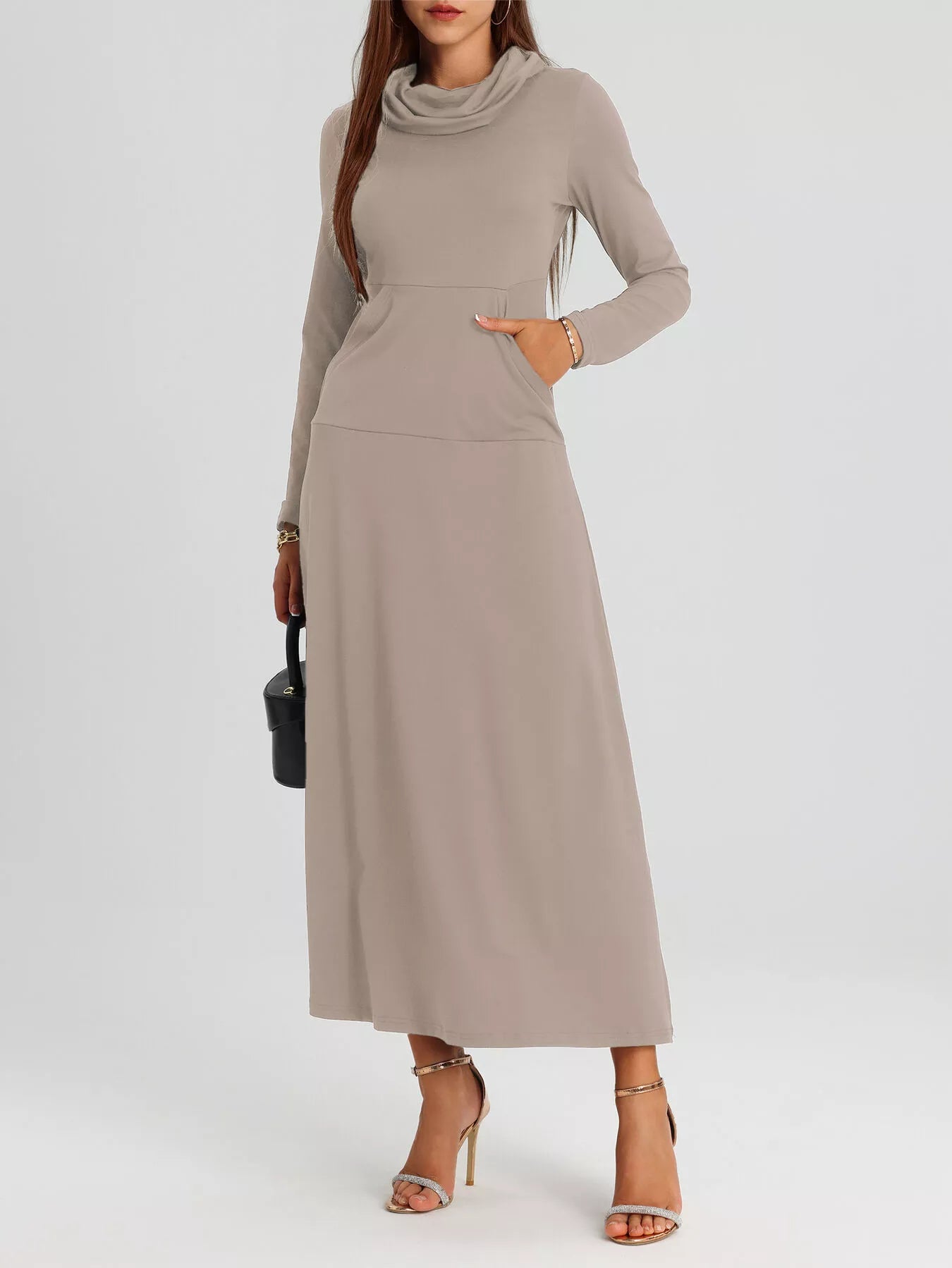 Cowl Neck Long Sleeve Midi Dress