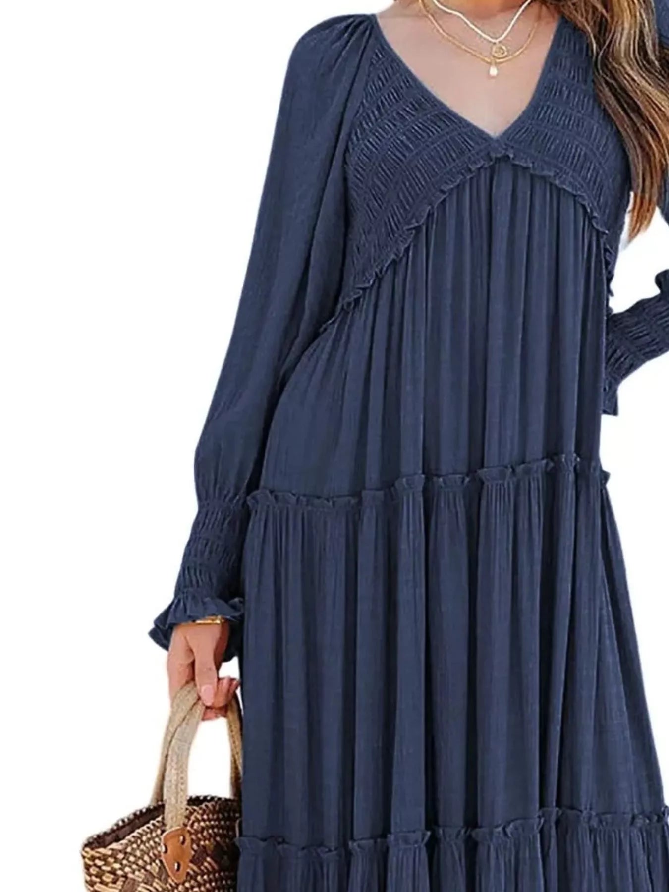 V-Neck Long Sleeve Tiered Maxi Dress