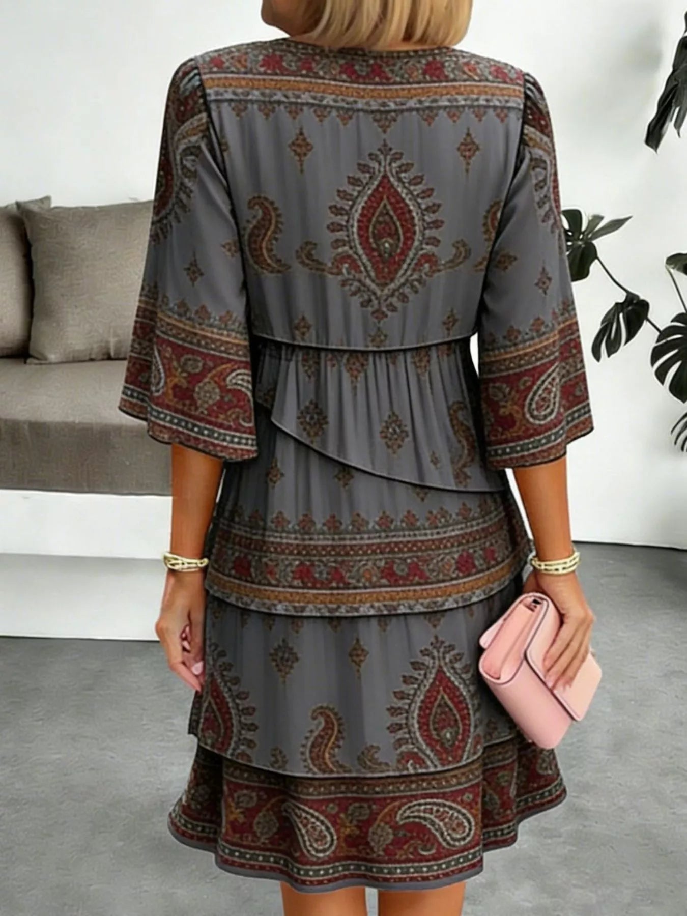 Full Size Paisley Print Layered Ruffle Mini Dress Plus Size
