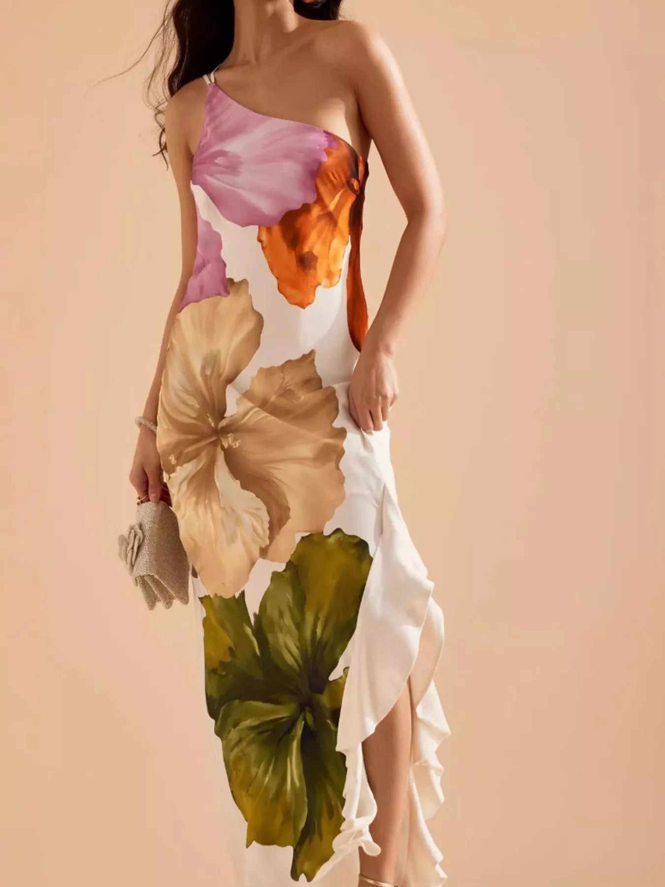 Floral Print One-Shoulder Ruffle Hem Maxi Dress