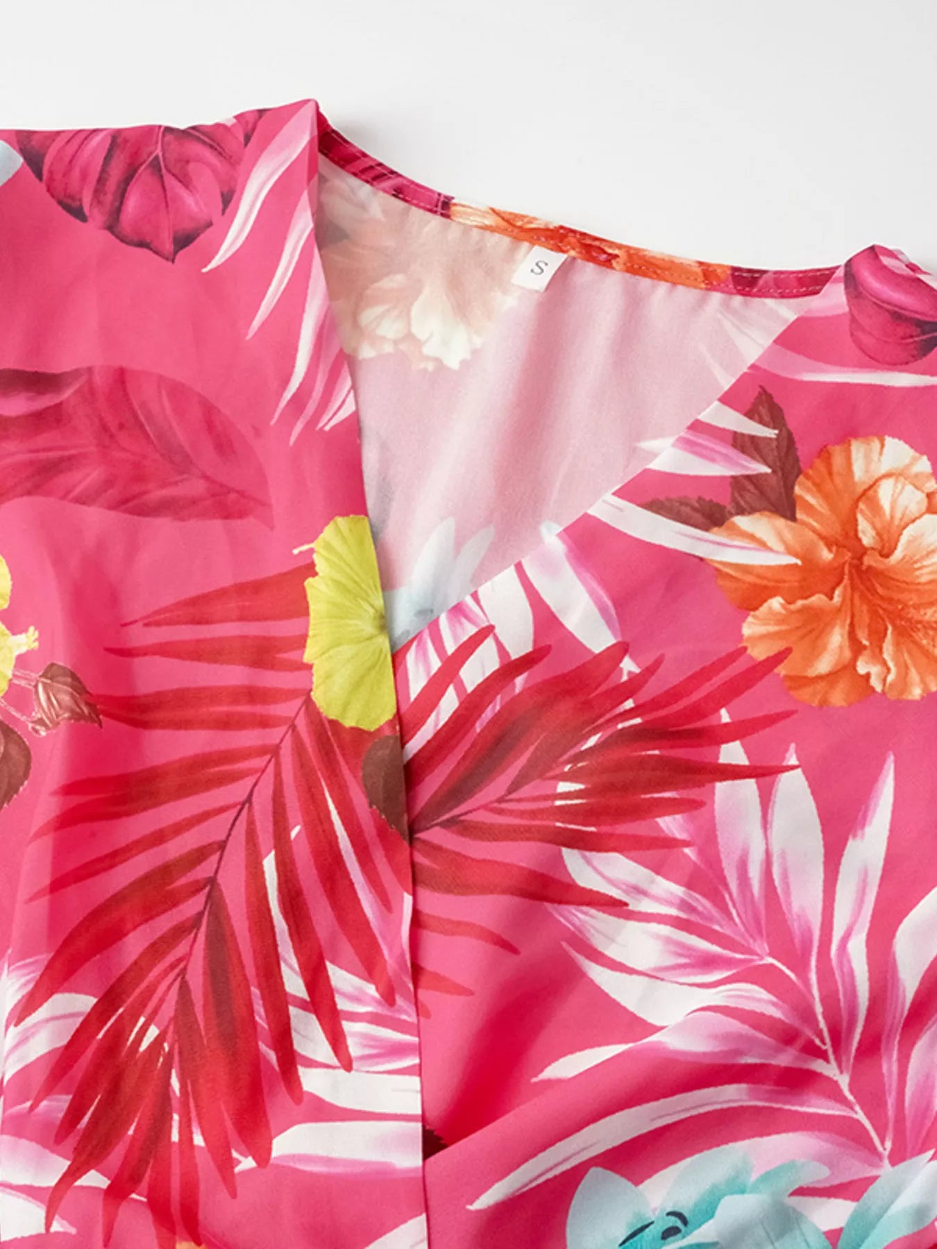 Pleated Tropical Print Belted Midi Dress